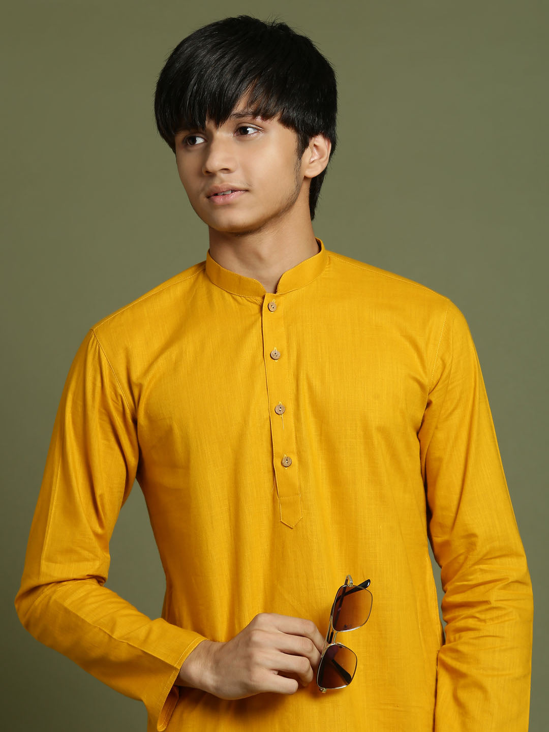 Boy's Mustard And White Kurta Pyjama Set