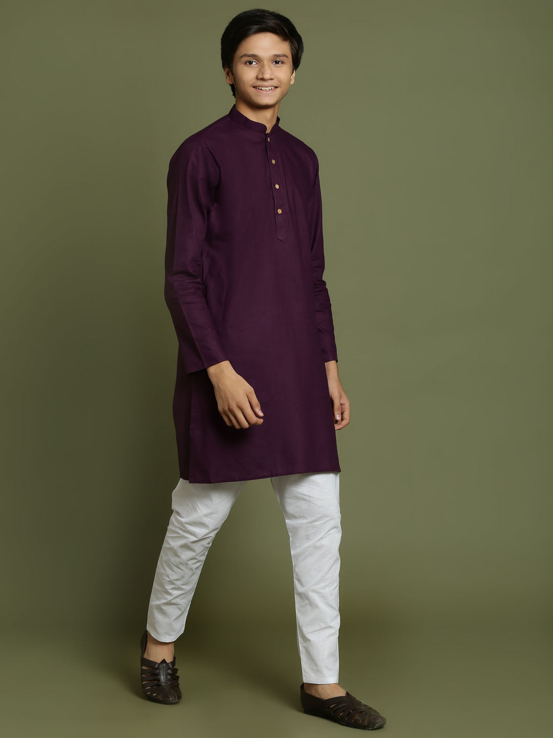 Boy's Purple And White Kurta Pyjama Set