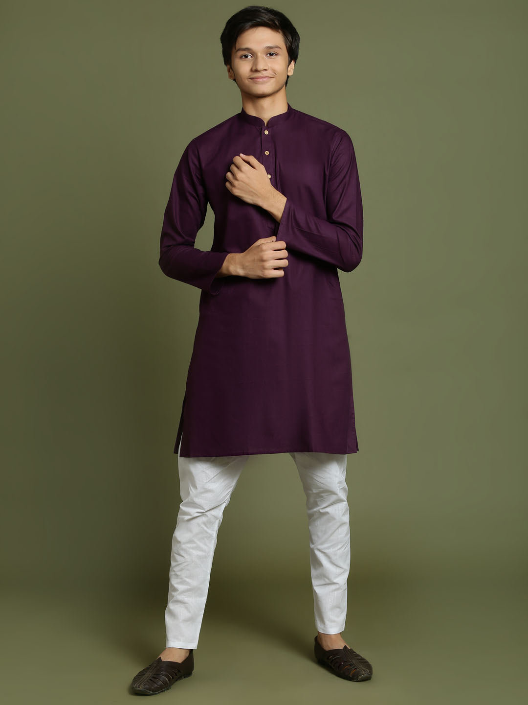 Boy's Purple And White Kurta Pyjama Set