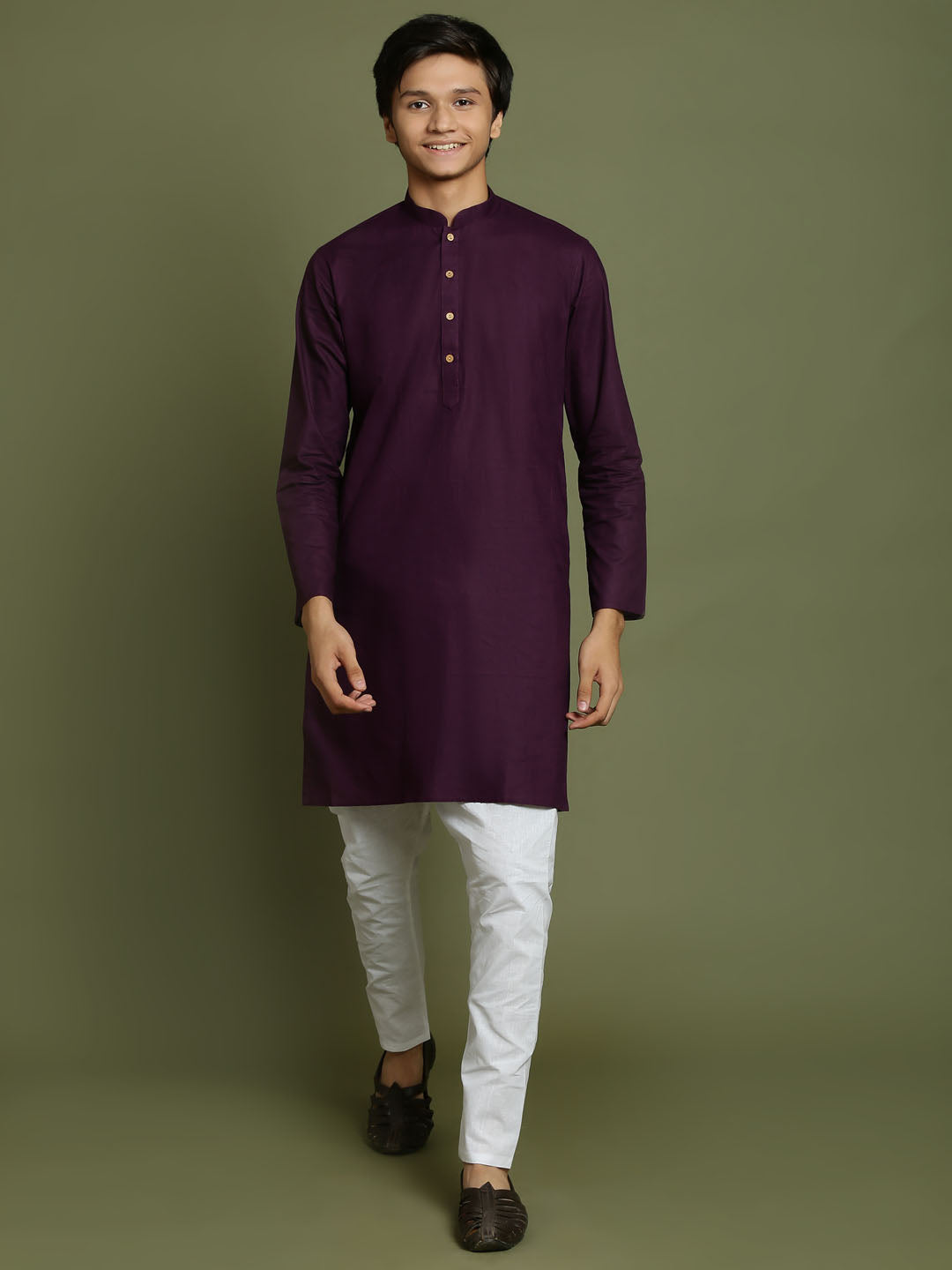 Boy's Purple And White Kurta Pyjama Set