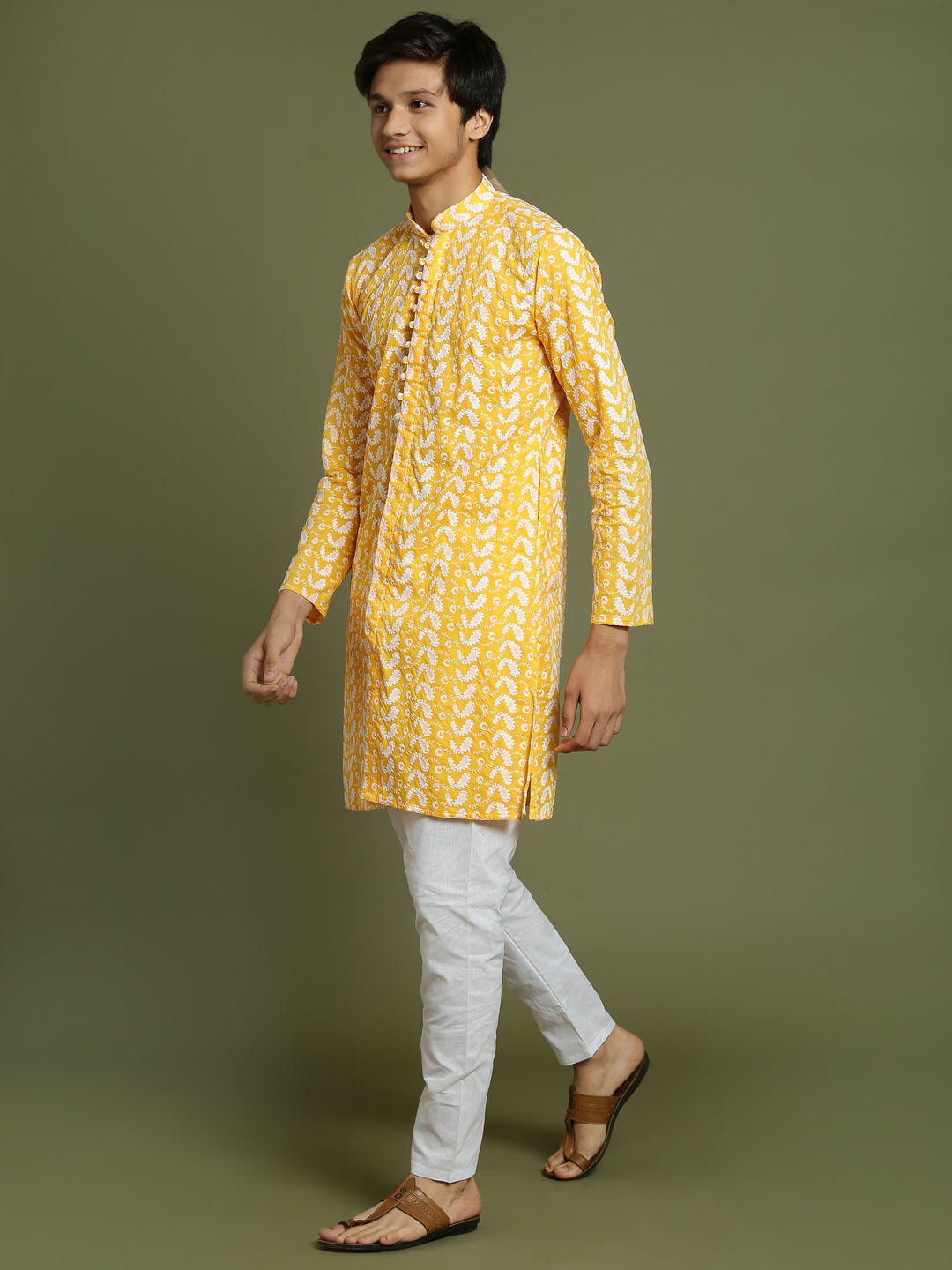 Boy's' Orange Chaikankari Kurta With White Pyjama Set