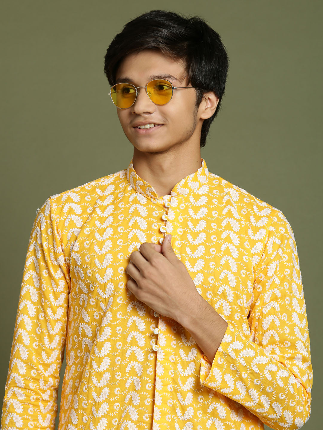 Boy's' Orange Chaikankari Kurta With White Pyjama Set