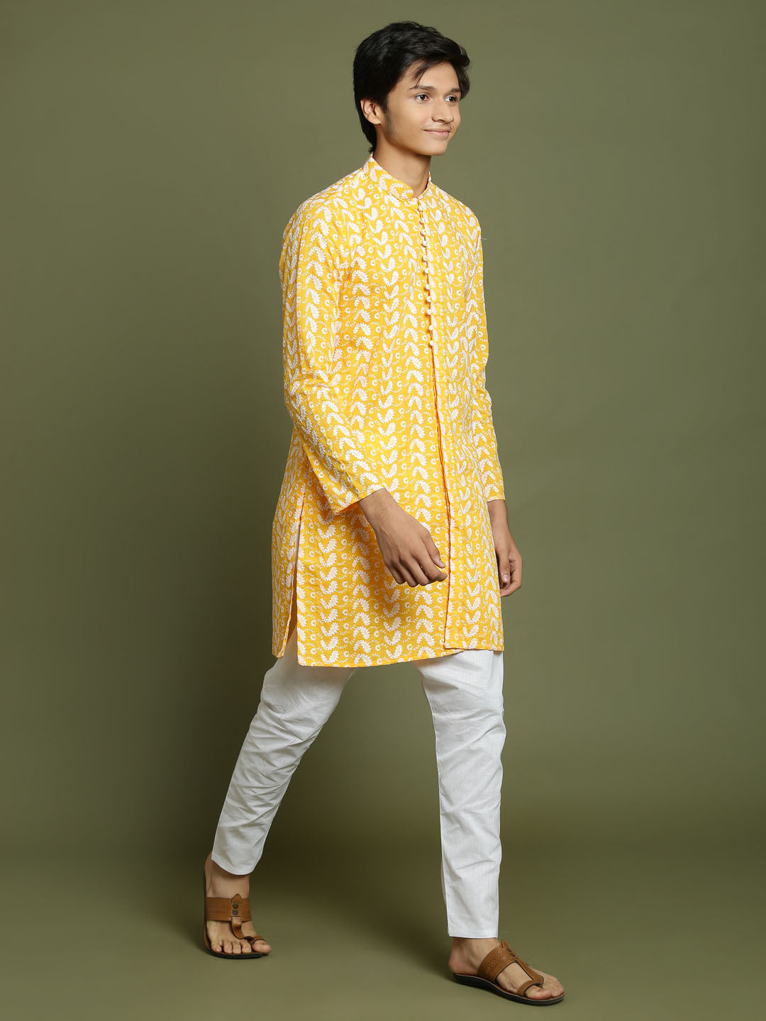 Boy's' Orange Chaikankari Kurta With White Pyjama Set