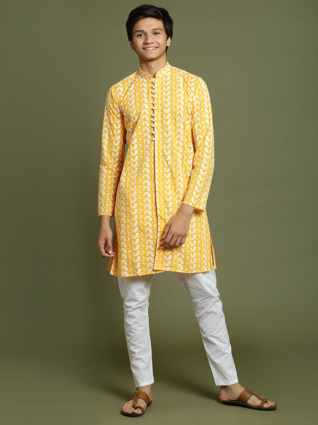 Boy's' Orange Chaikankari Kurta With White Pyjama Set
