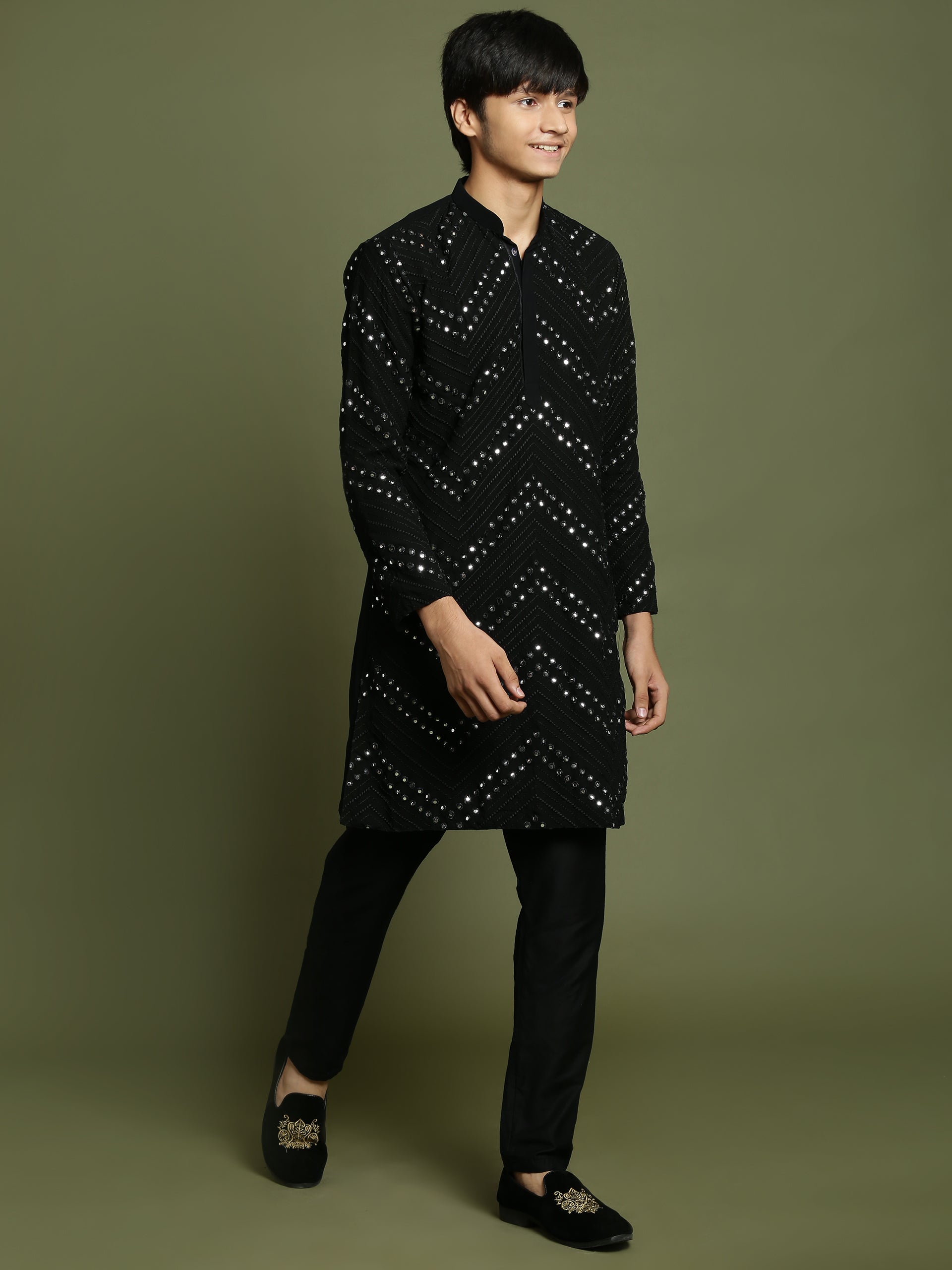 Boy's Black Mirror Work Georgette Kurta And Pyjama Set