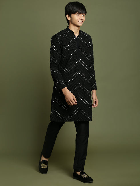 Boy's Black Mirror Work Georgette Kurta And Pyjama Set
