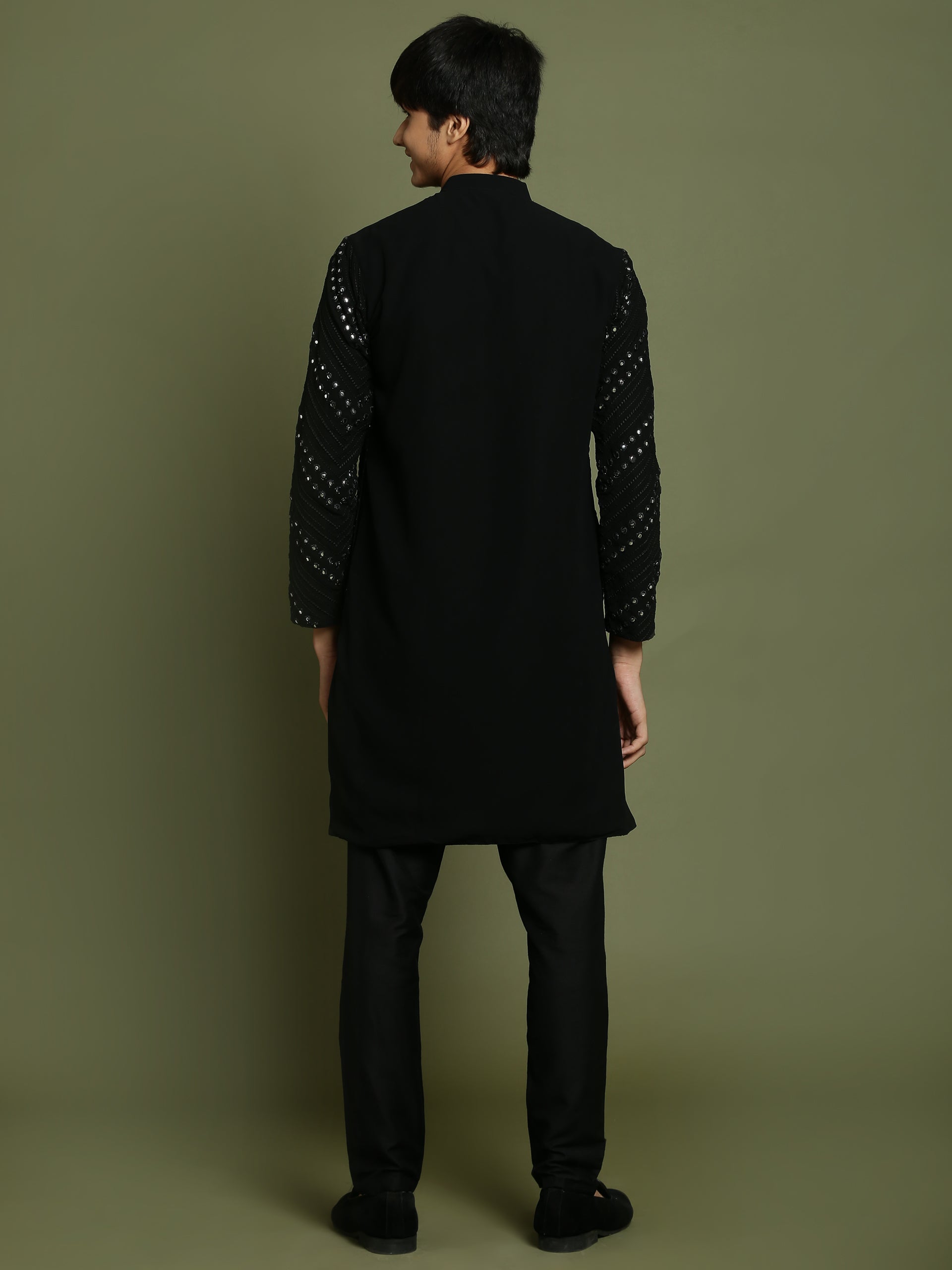 Boy's Black Mirror Work Georgette Kurta And Pyjama Set