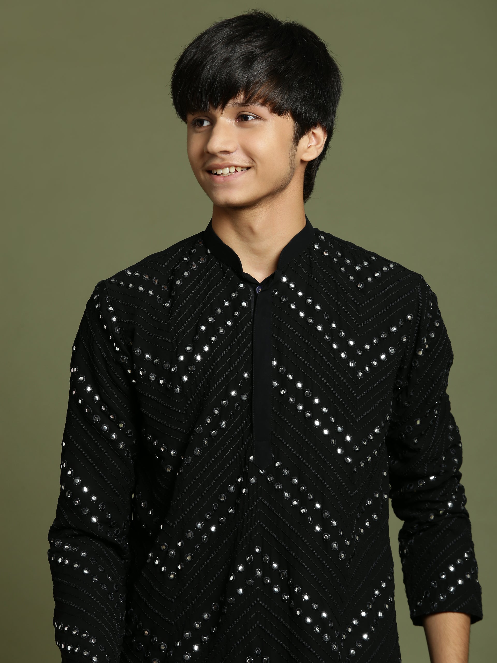 Boy's Black Mirror Work Georgette Kurta And Pyjama Set