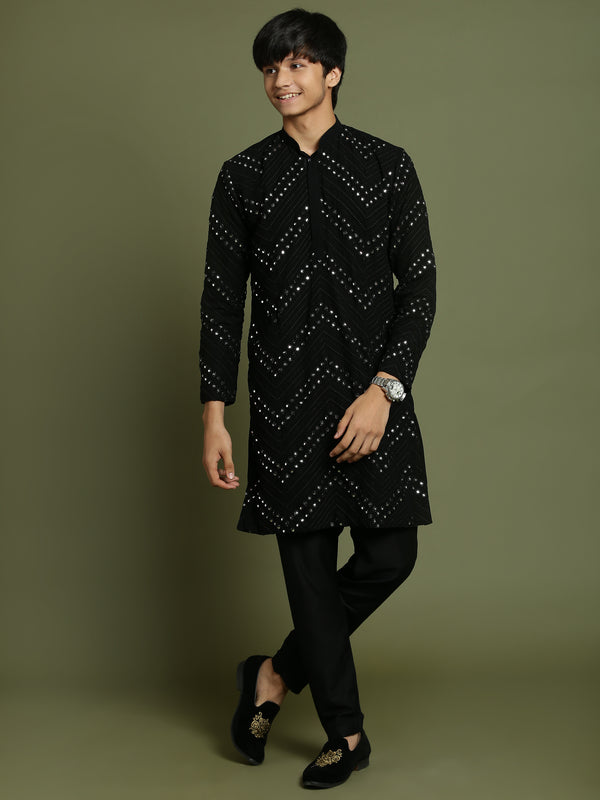 Boy's Black Mirror Work Georgette Kurta And Pyjama Set