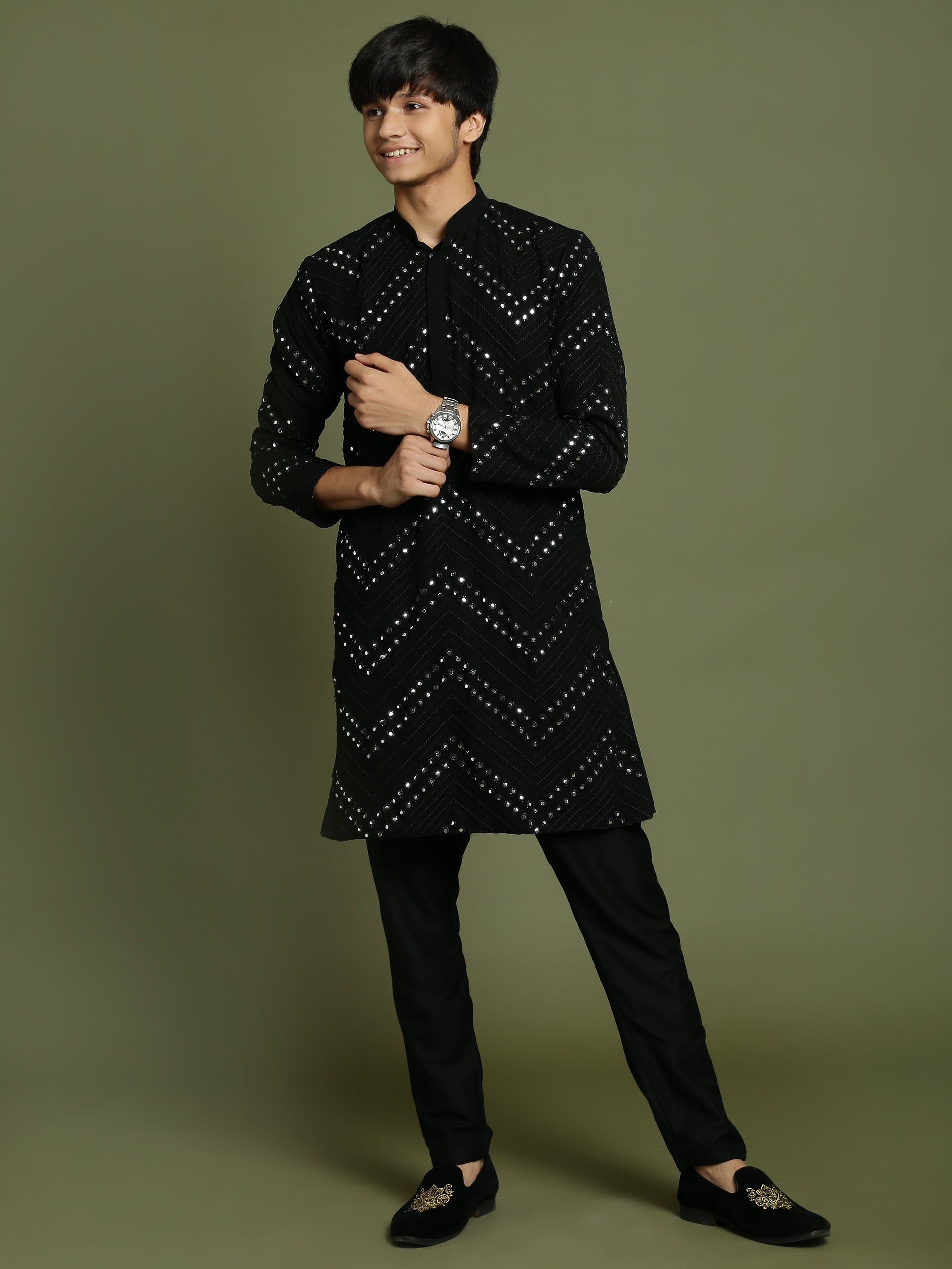 Boy's Black Mirror Work Georgette Kurta And Pyjama Set