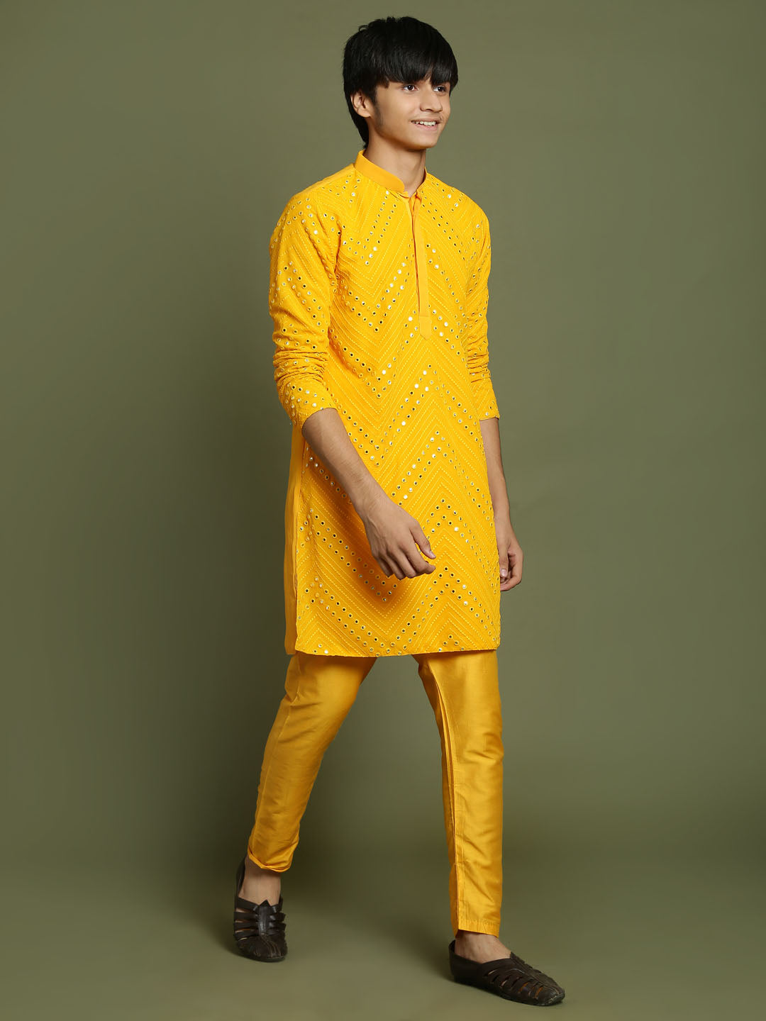Boy's Yellow Mirror Work Georgette Kurta And Pyjama Set
