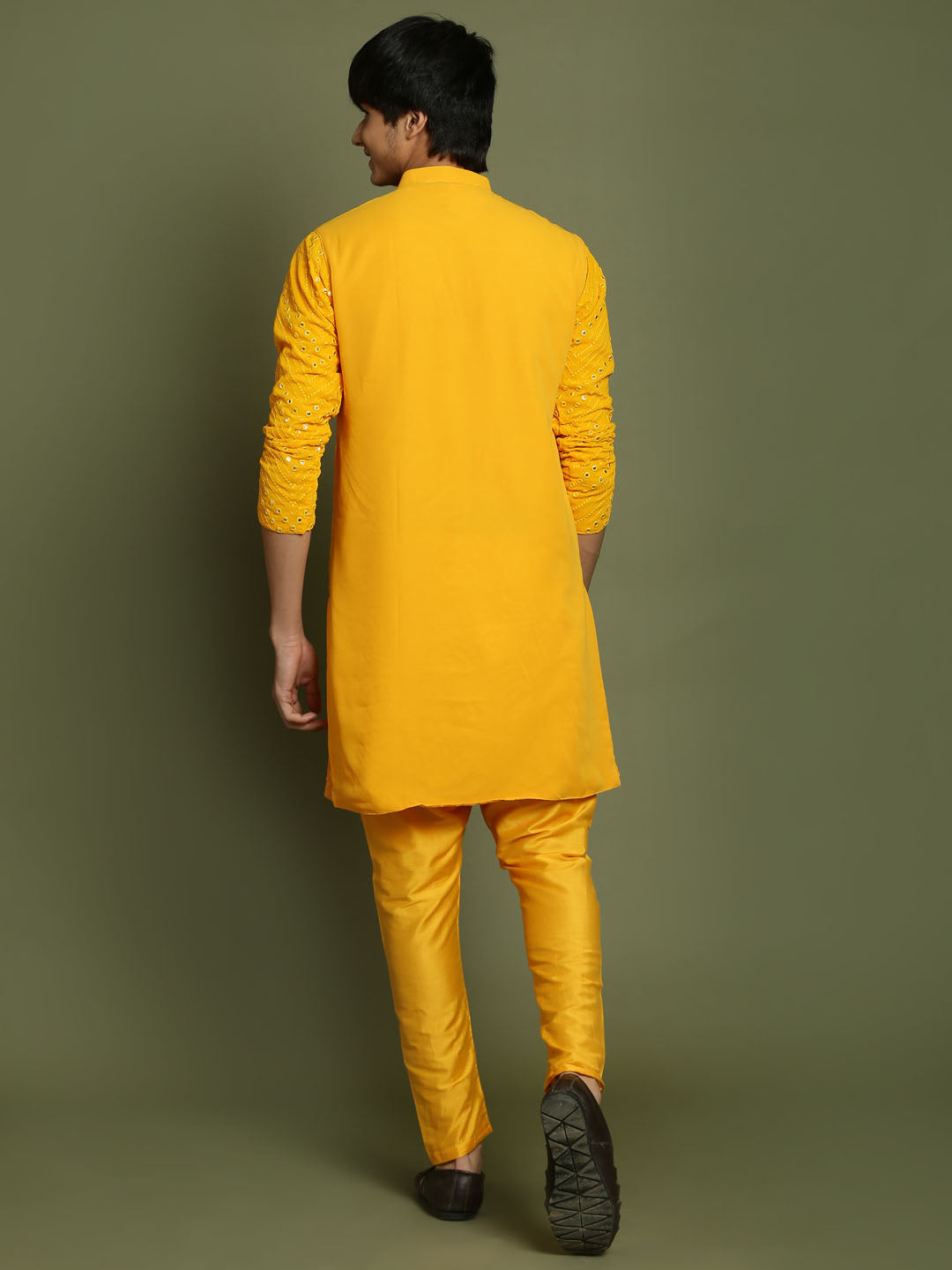 Boy's Yellow Mirror Work Georgette Kurta And Pyjama Set