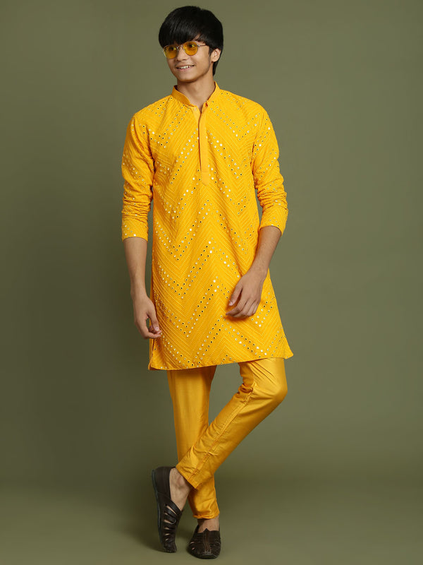 Boy's Yellow Mirror Work Georgette Kurta And Pyjama Set