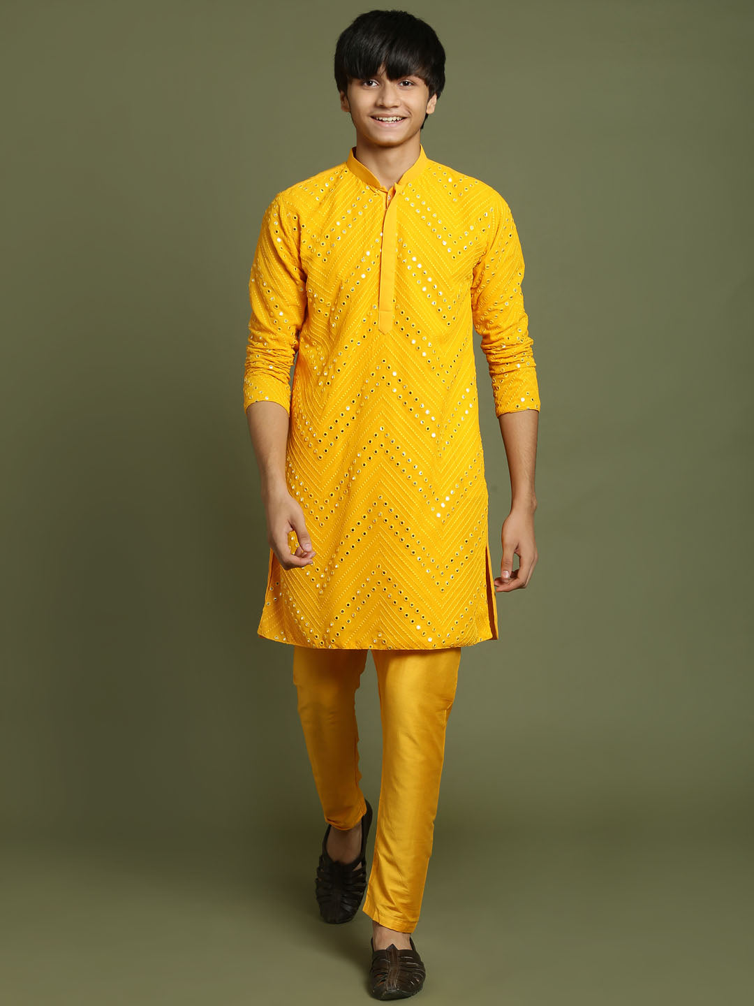 Boy's Yellow Mirror Work Georgette Kurta And Pyjama Set