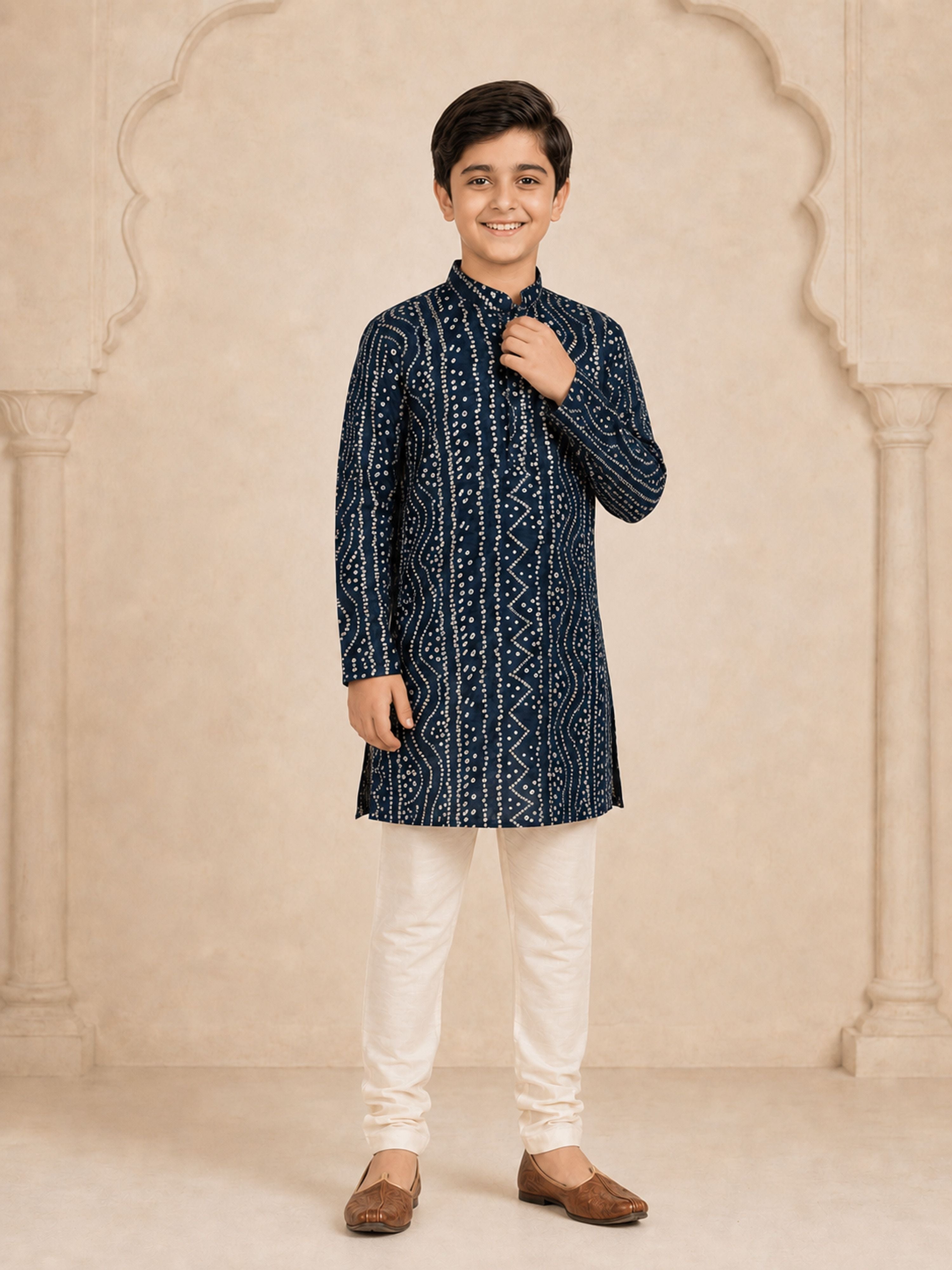 Boy's Navy Blue Rayon Digital Print Knee Length Kurta