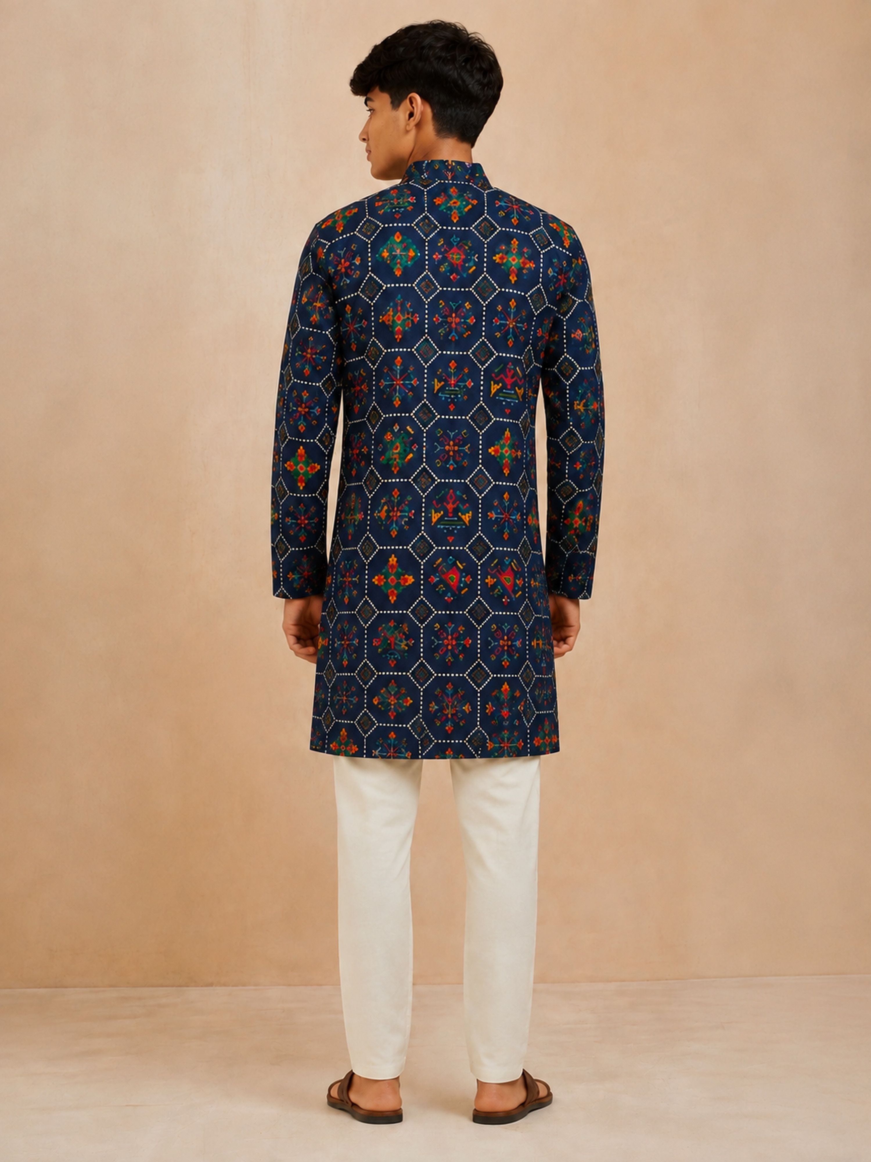 Boy's Navy Blue Rayon Printed Knee Length Kurta and Pyjama Set
