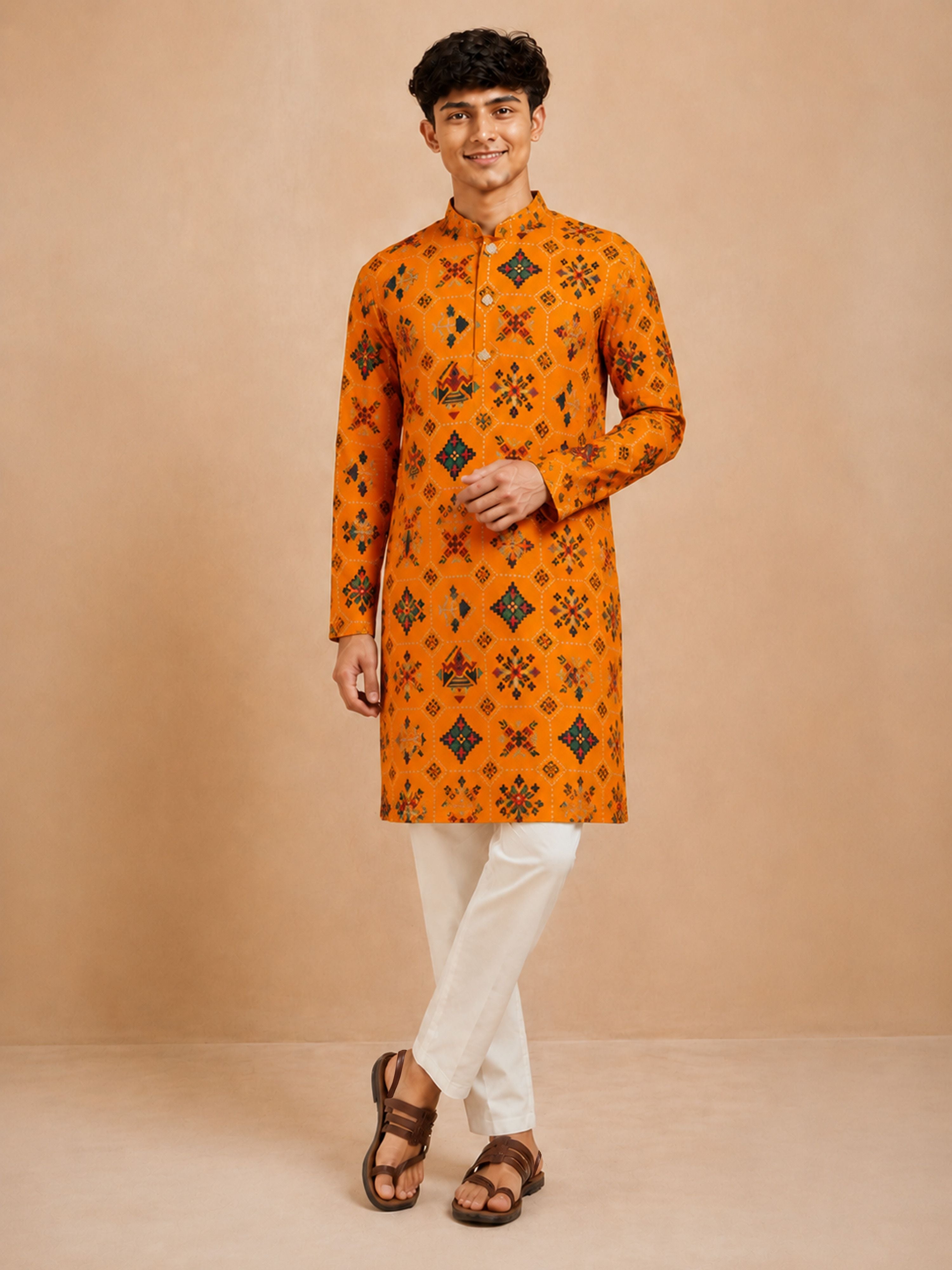 Boy's Mustard Rayon Geometric Print Knee Length Kurta and Pyjama Set