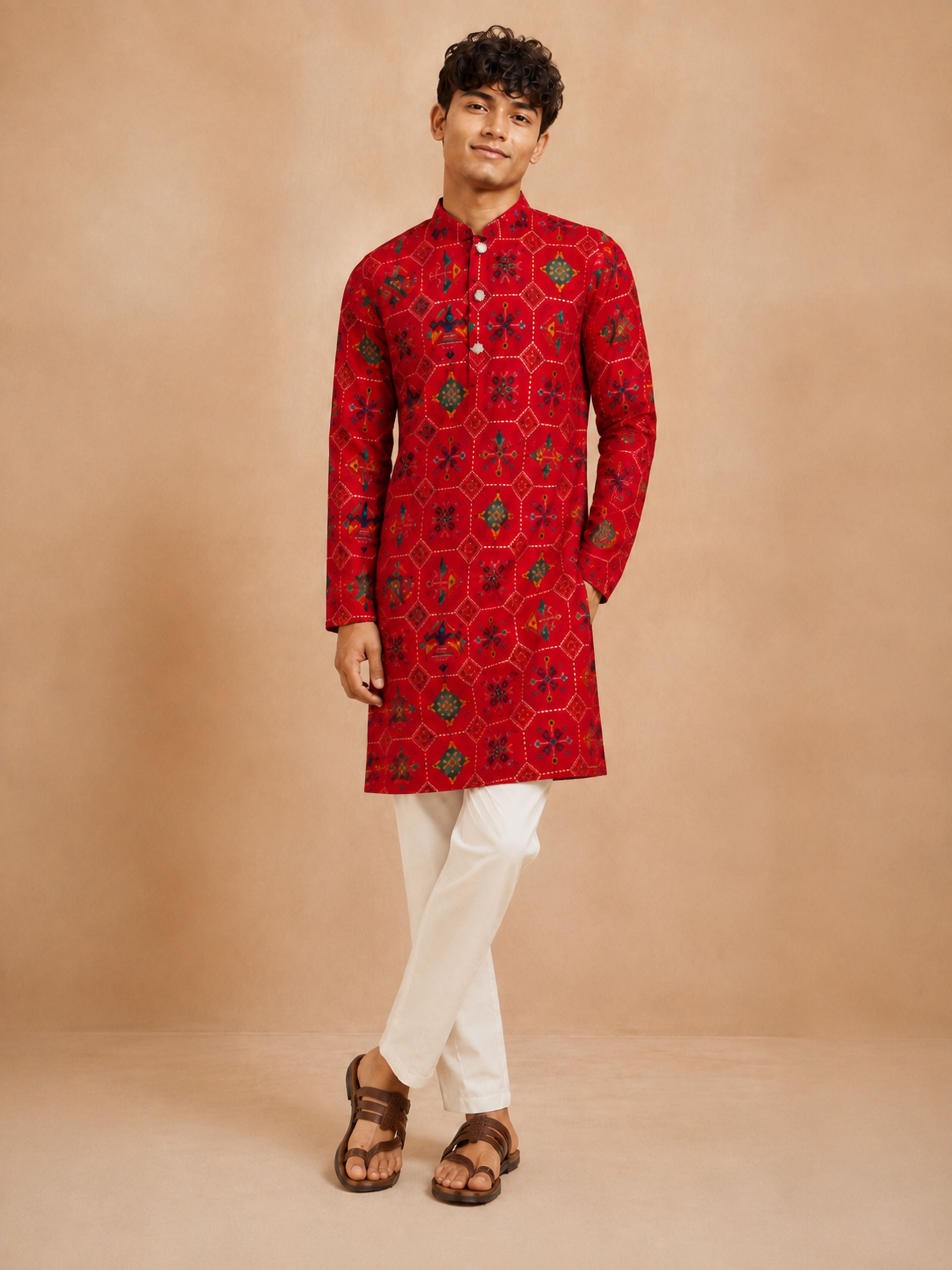 Boy's Red Rayon Geometric Print Knee Length Kurta and Pyjama Set