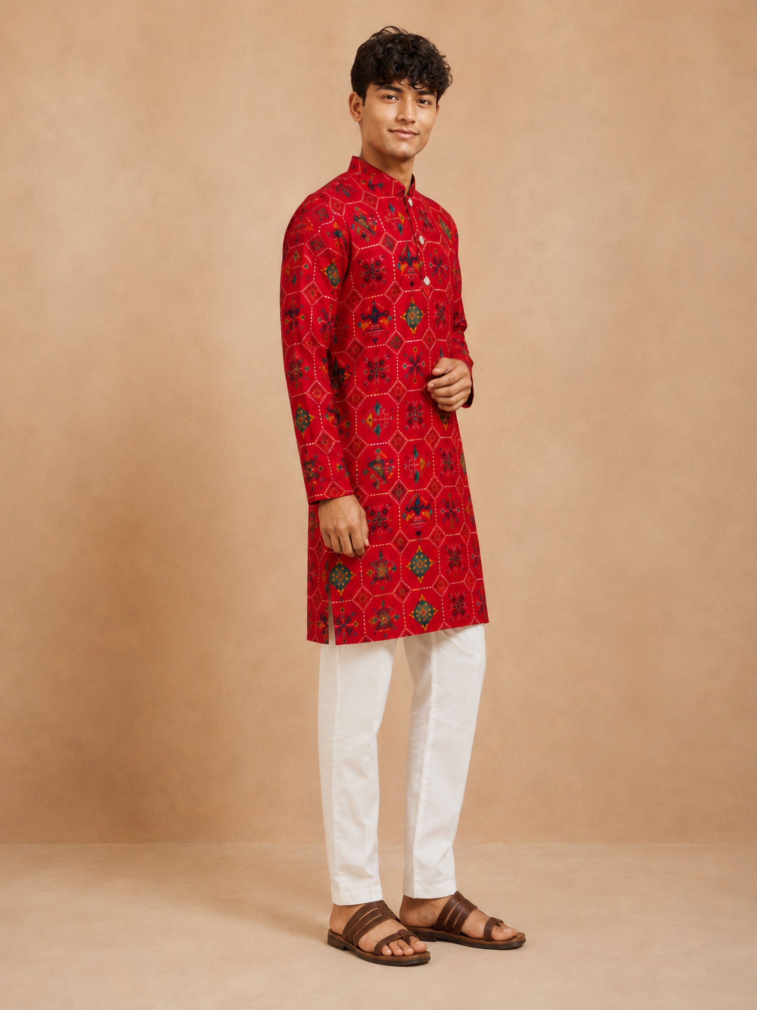 Boy's Red Rayon Geometric Print Knee Length Kurta and Pyjama Set