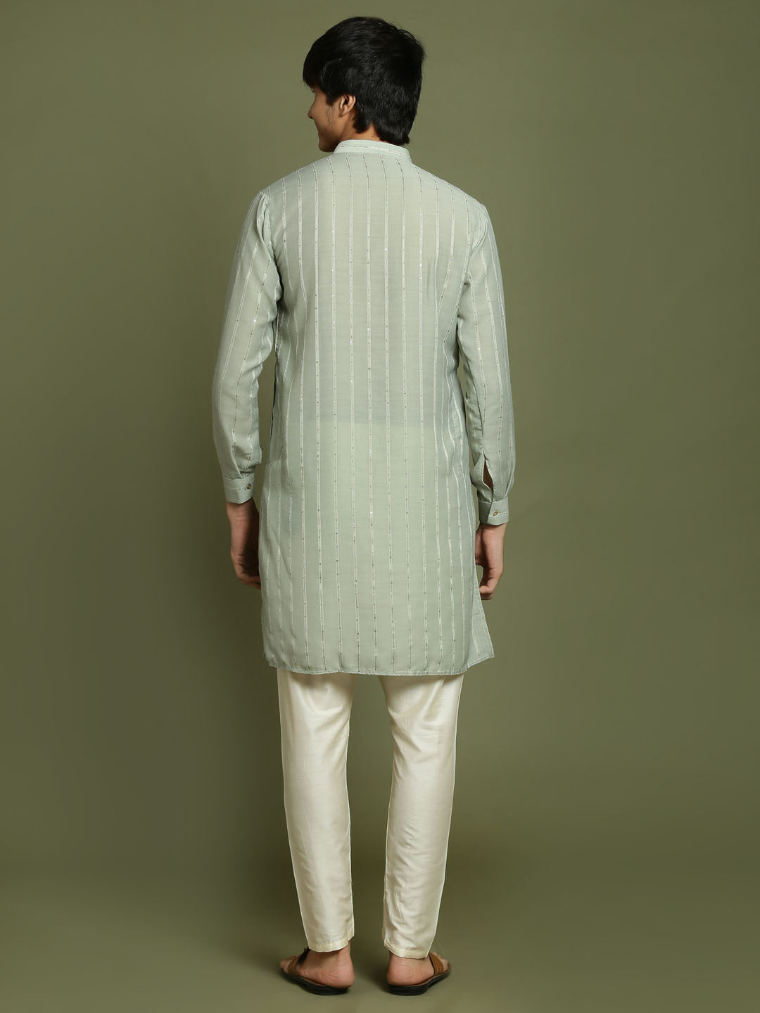 Boy's' Green Striped With Sequin Worked Kurta Pyjama Set