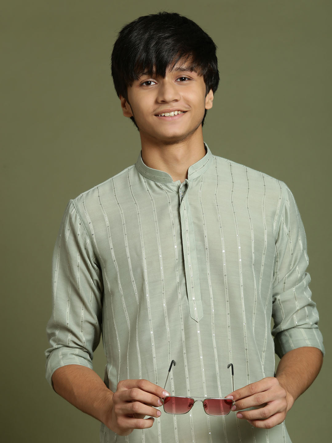 Boy's' Green Striped With Sequin Worked Kurta Pyjama Set