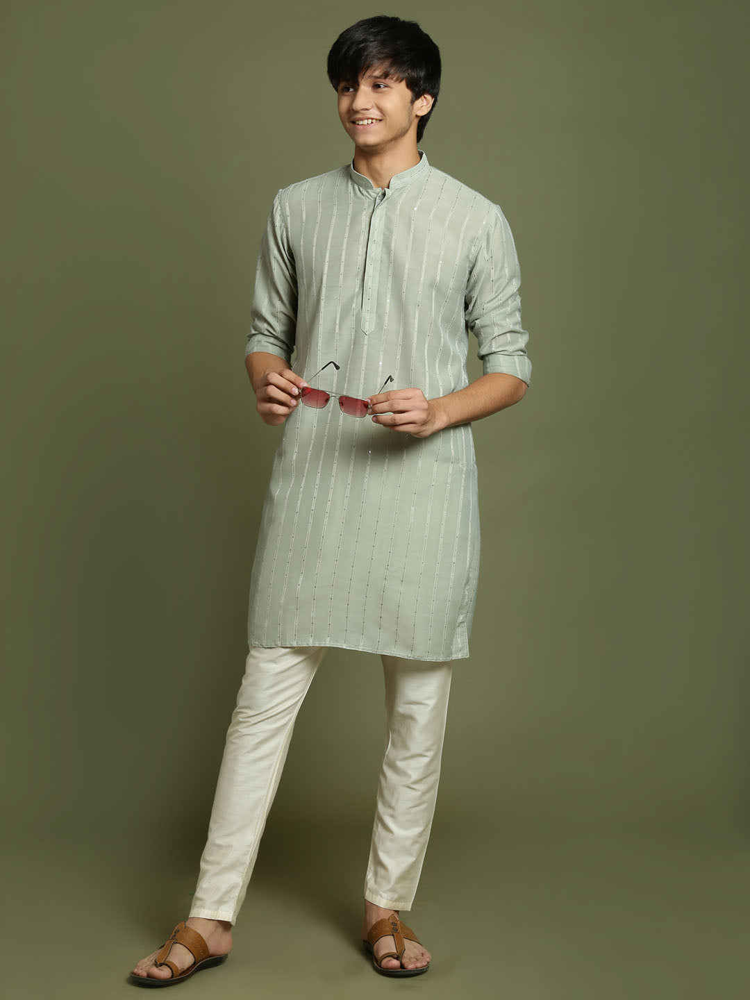 Boy's' Green Striped With Sequin Worked Kurta Pyjama Set