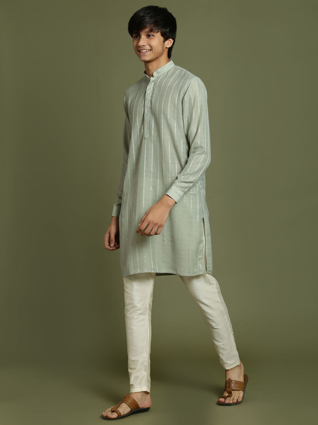 Boy's' Green Striped With Sequin Worked Kurta Pyjama Set
