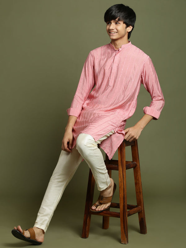 Boy's' Purple Striped With Sequin Worked Kurta Pyjama Set