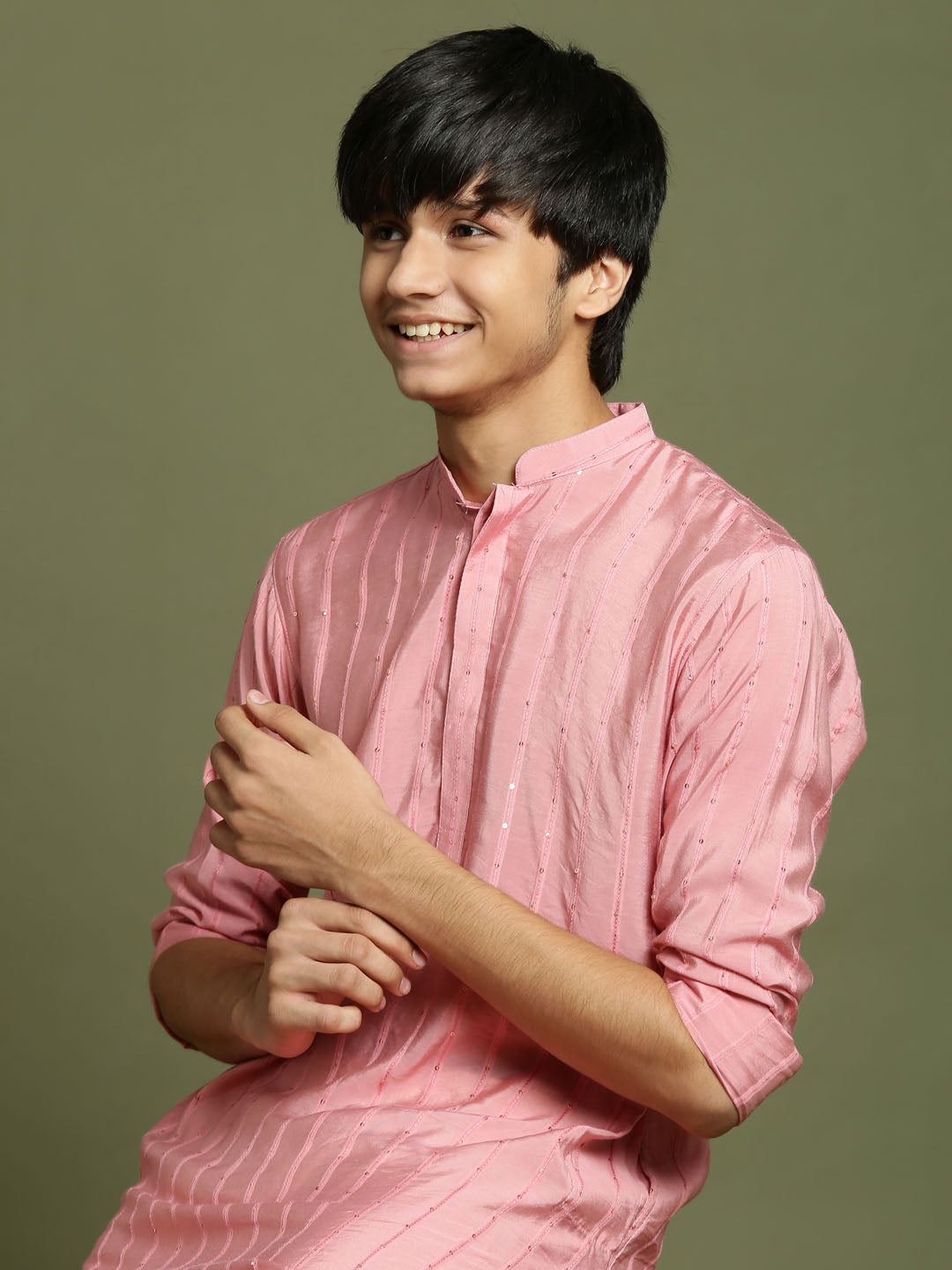 Boy's' Purple Striped With Sequin Worked Kurta Pyjama Set