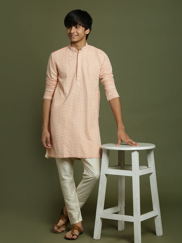 Boy's' Pink Georgette Chikankari Kurta Pyjama Set