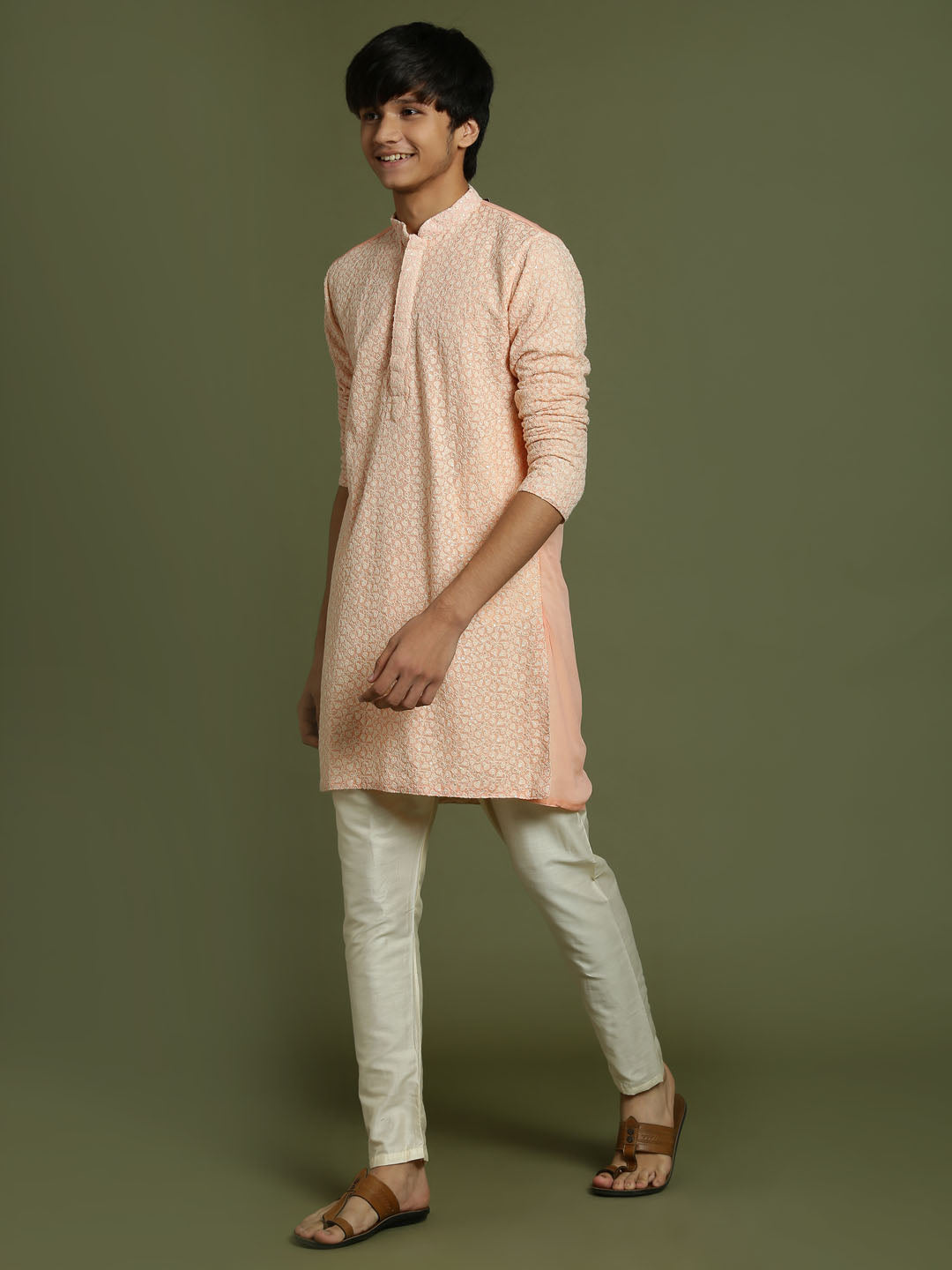 Boy's' Pink Georgette Chikankari Kurta Pyjama Set