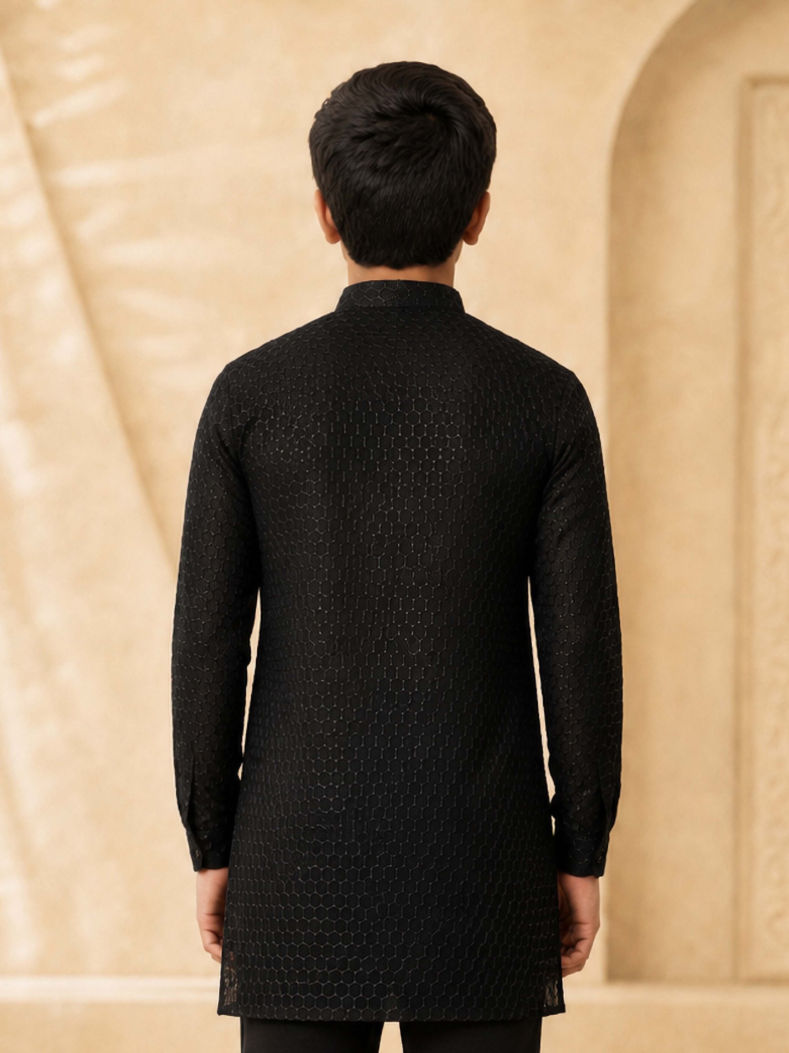 Boy's Black Georgette Embroidered Thigh Length Kurta