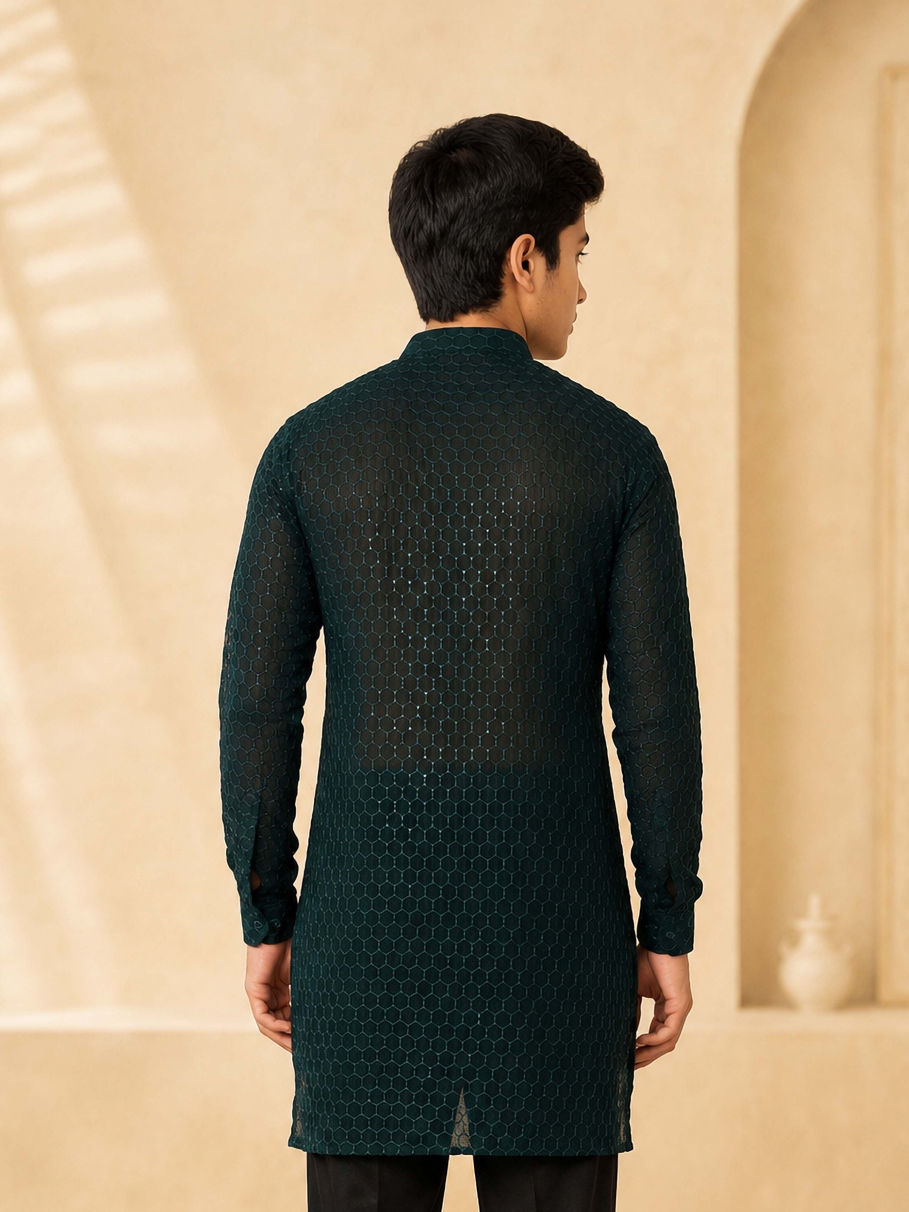 Boy's Dark Green Georgette Embroidered Thigh Length Kurta