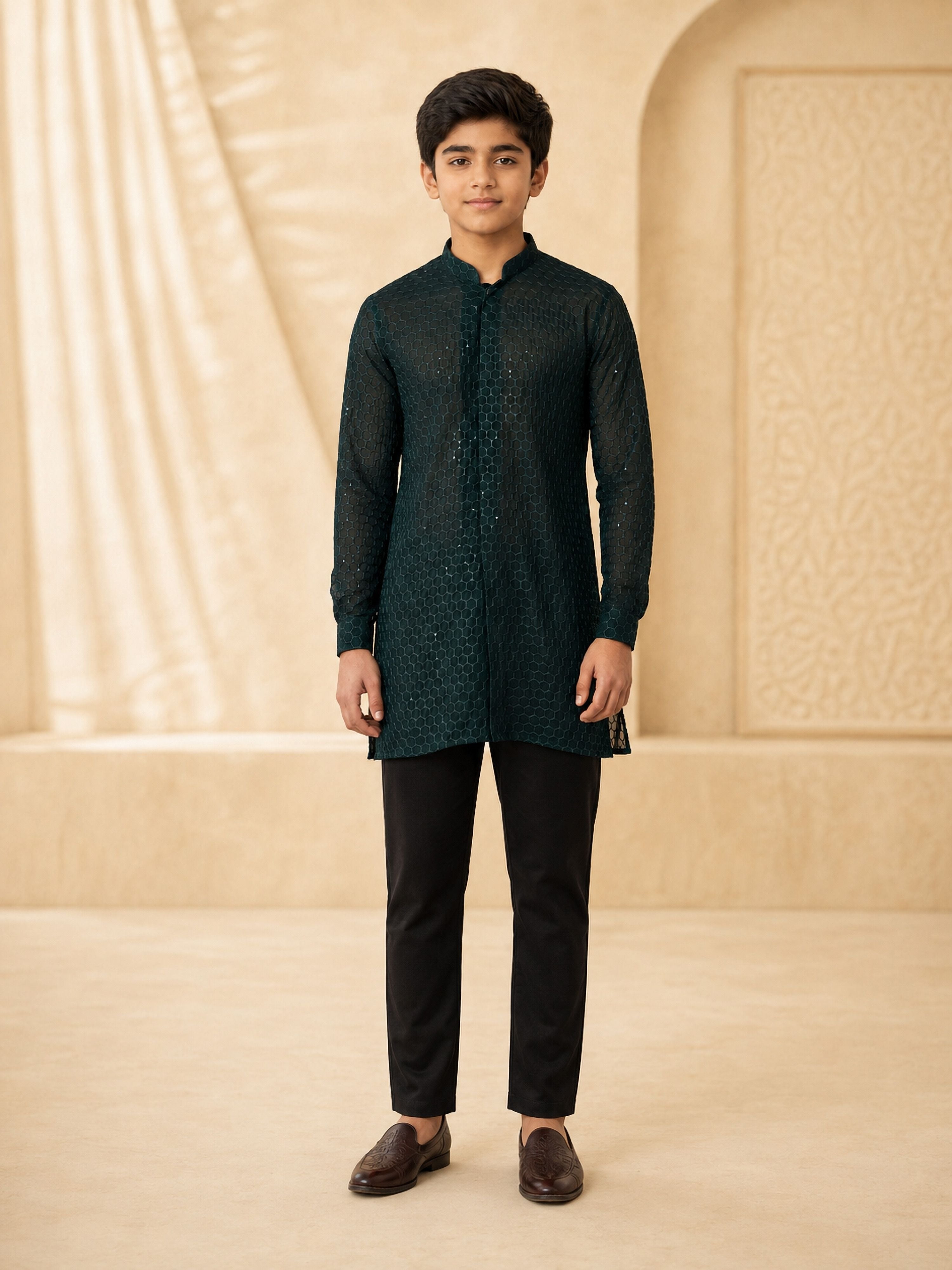 Boy's Dark Green Georgette Embroidered Thigh Length Kurta