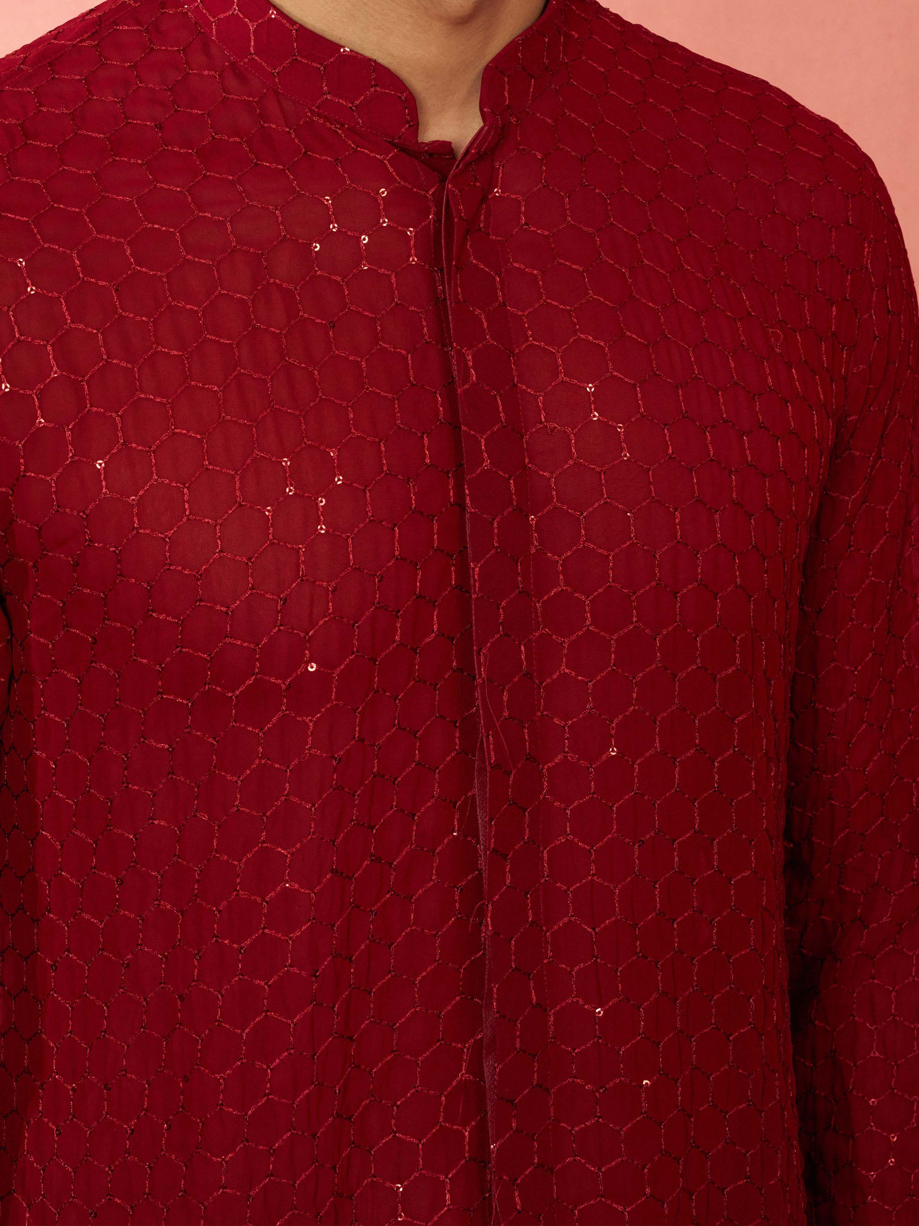 Boy's Maroon Georgette Embroidered Thigh Length Kurta