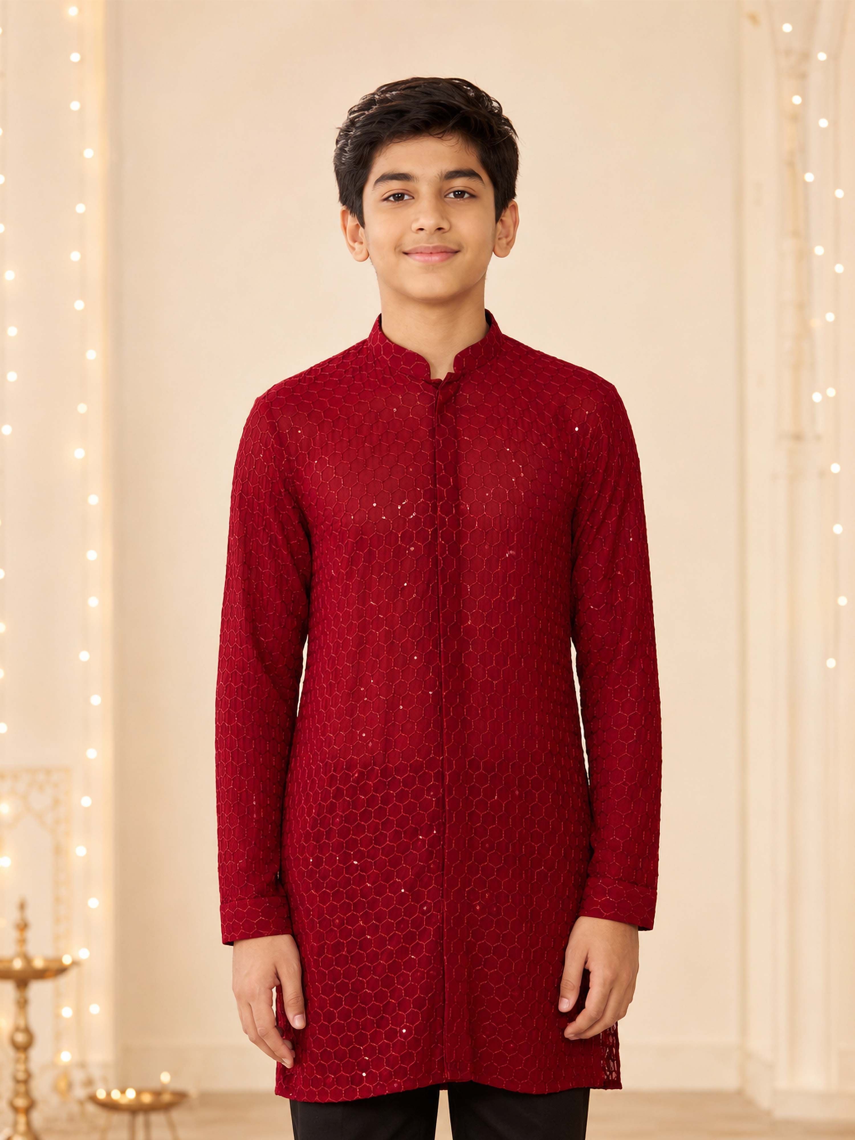 Boy's Maroon Georgette Embroidered Thigh Length Kurta