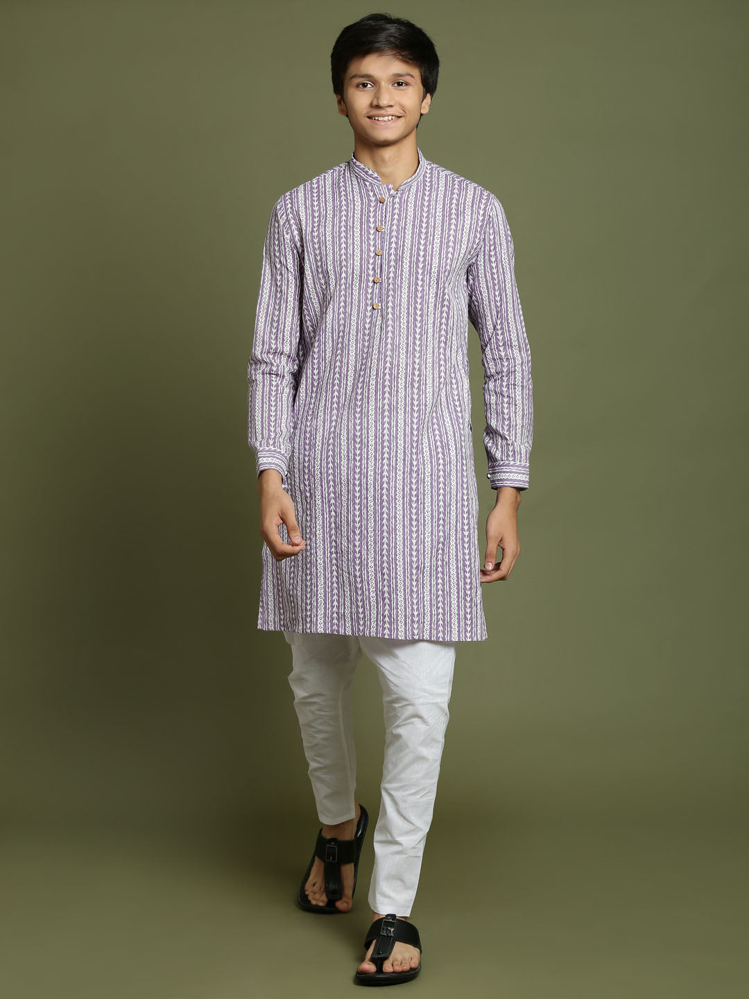 Boy's' Purple Woven Kurta With White Pyjama Set