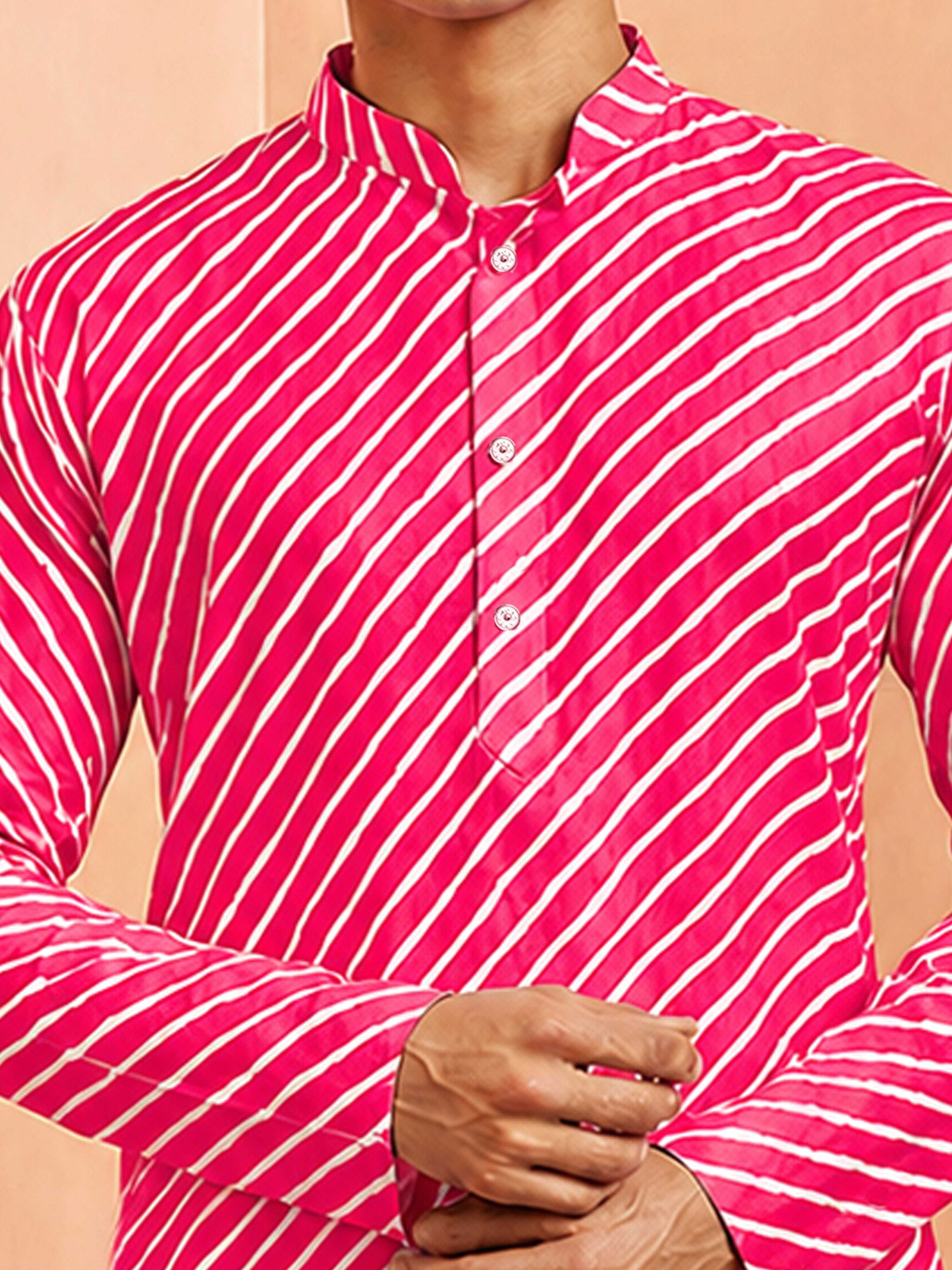 Boy's Pink Cotton Striped Knee Length Kurta
