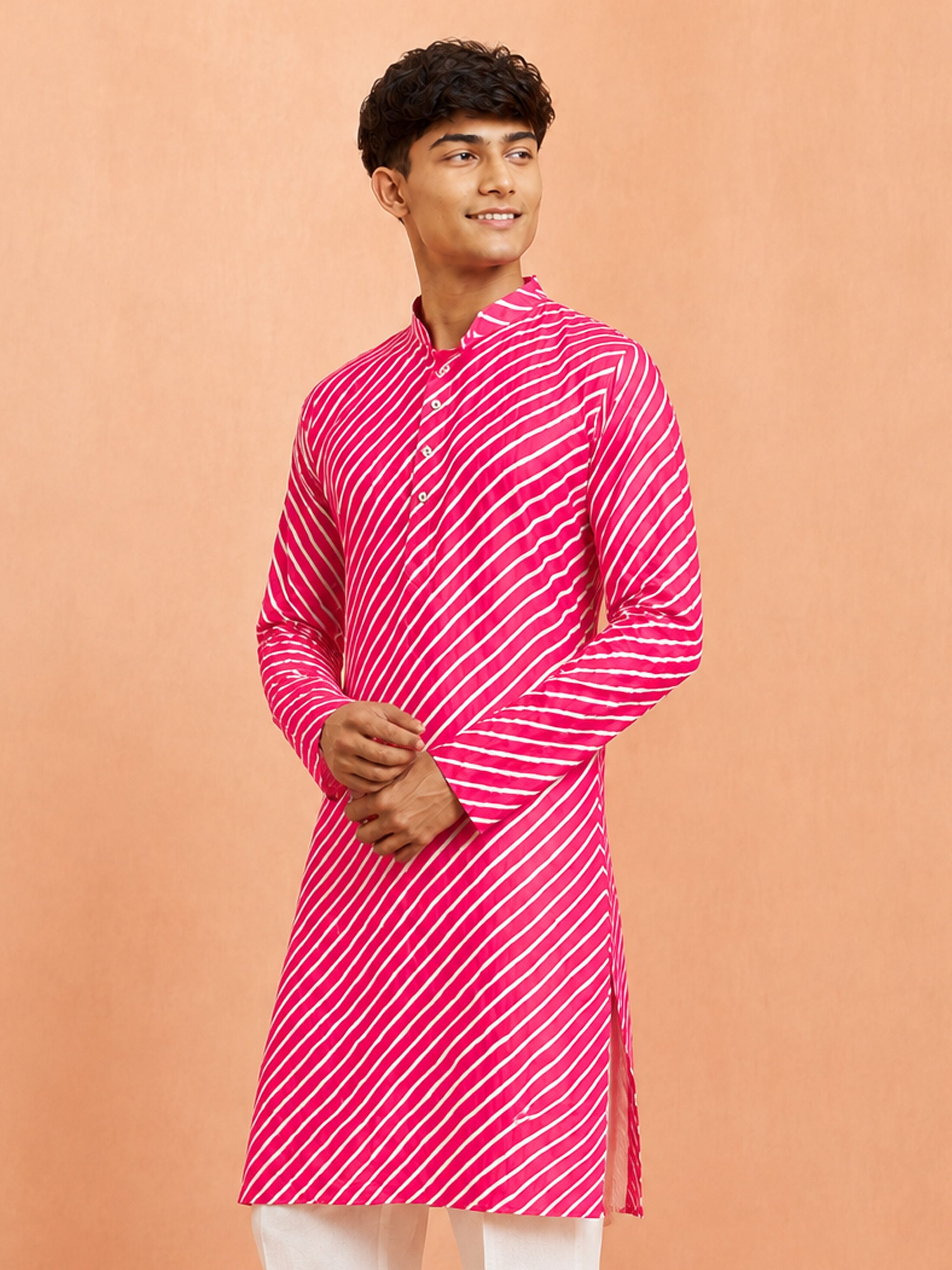 Boy's Pink Cotton Striped Knee Length Kurta
