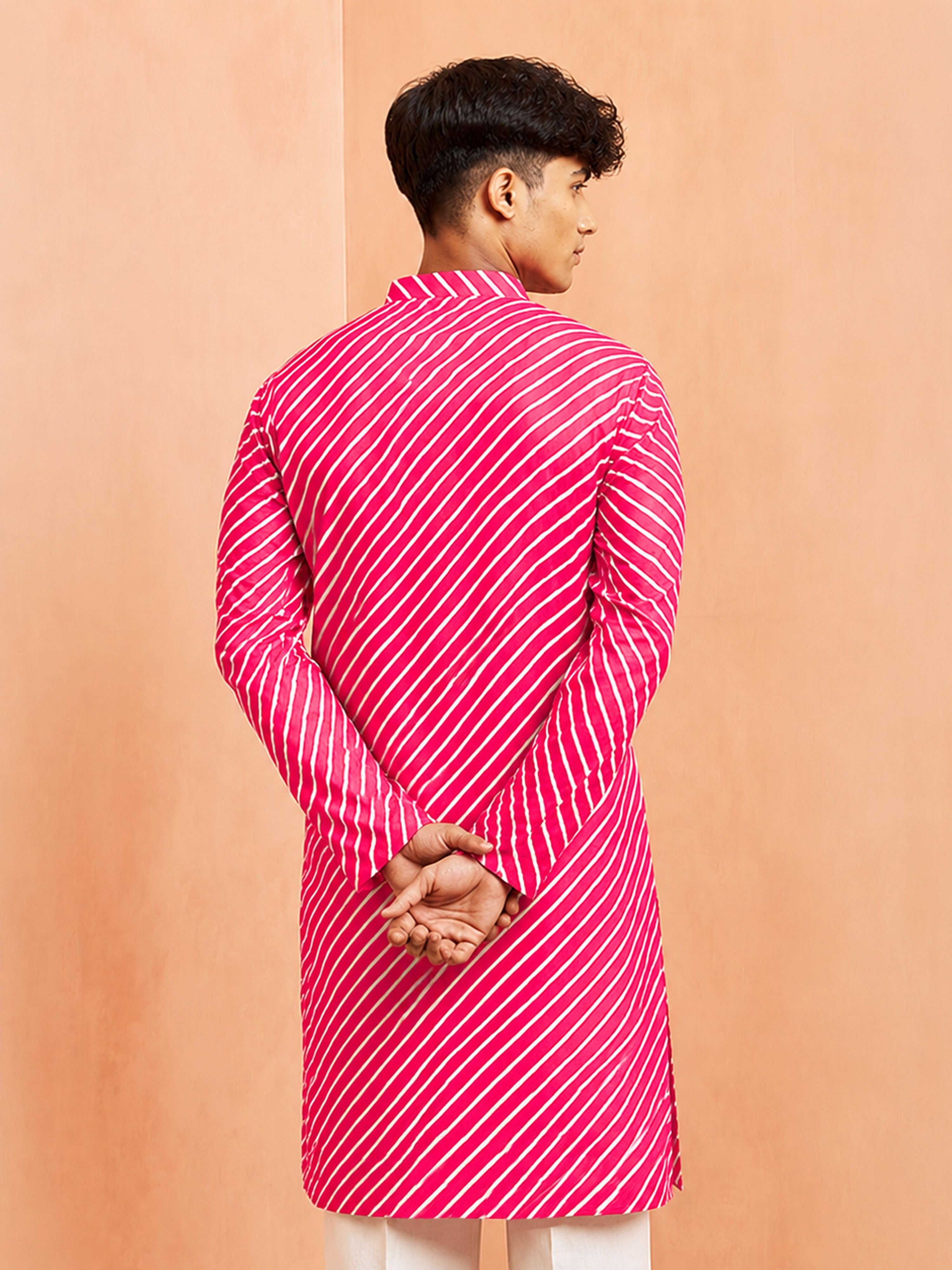 Boy's Pink Cotton Striped Knee Length Kurta