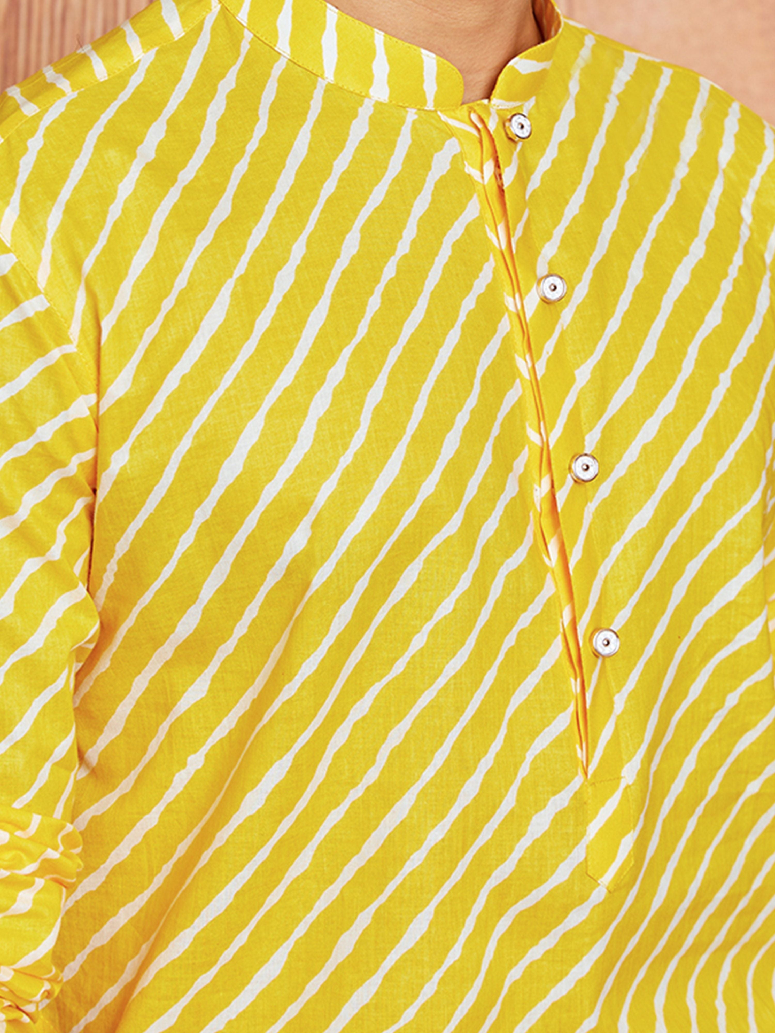 Boy's Yellow Cotton Printed Knee Length Kurta