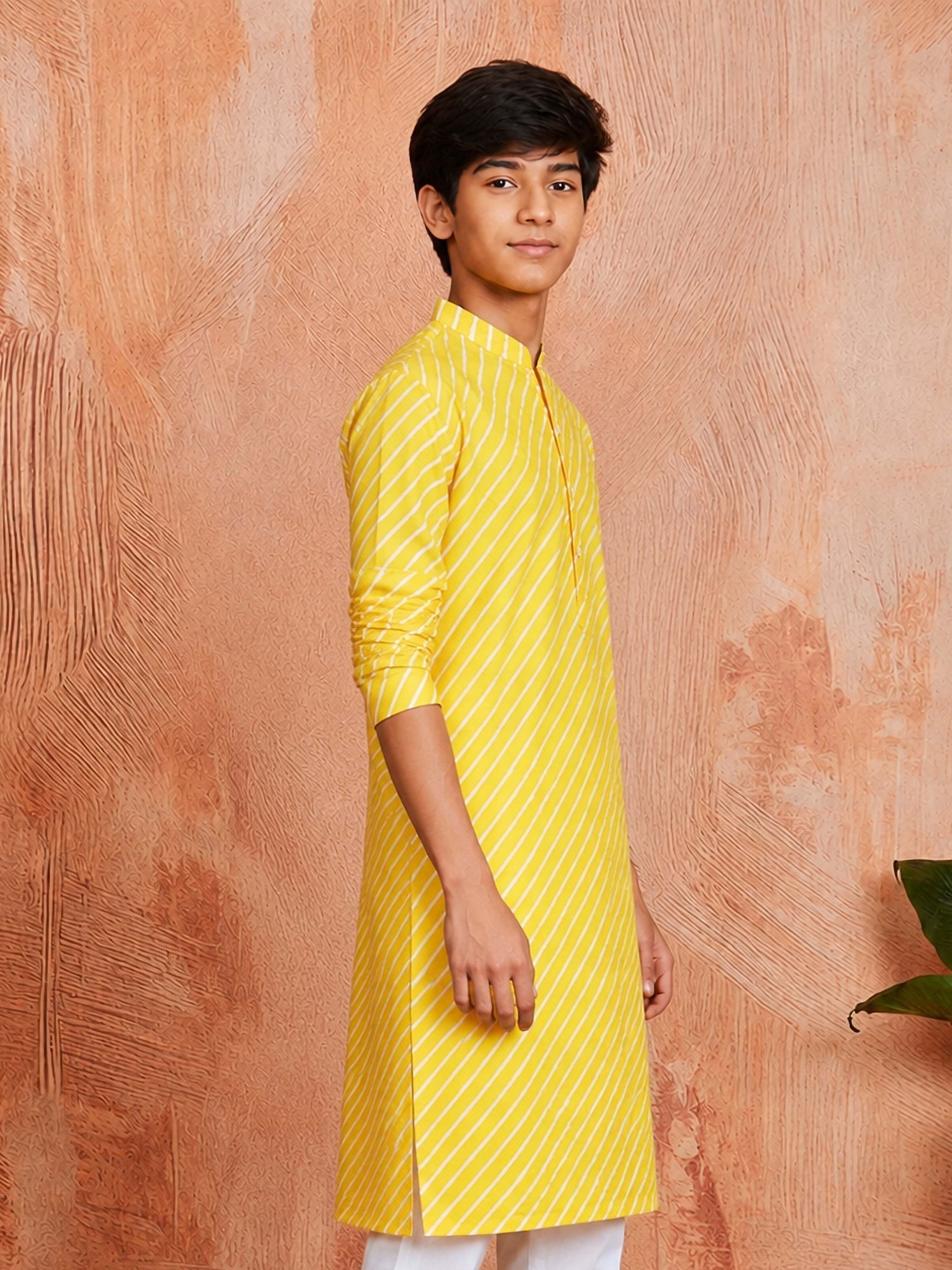 Boy's Yellow Cotton Printed Knee Length Kurta