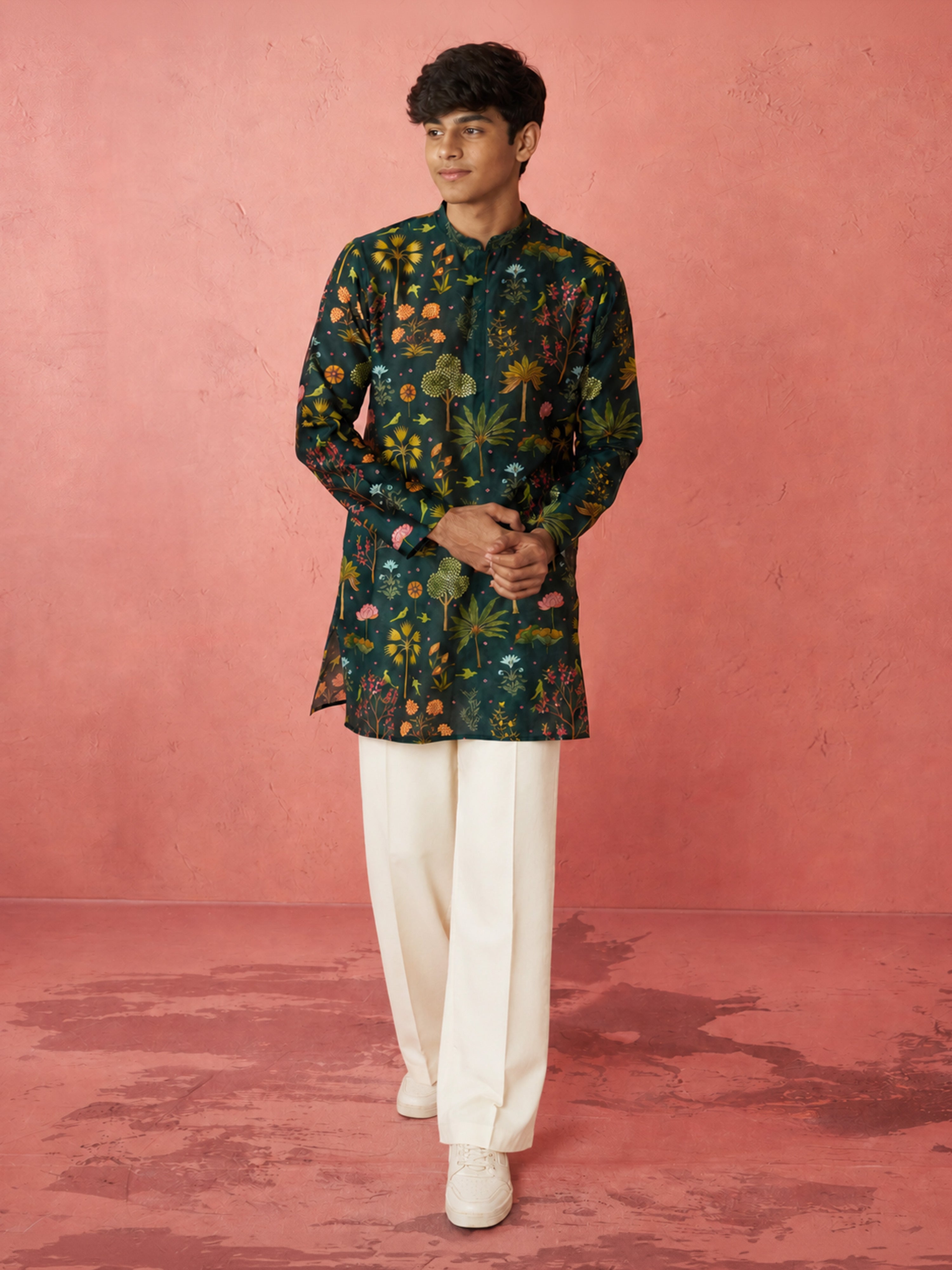 Boys Bottle Green Muslin Digital Print Kurta Flare Pant Set