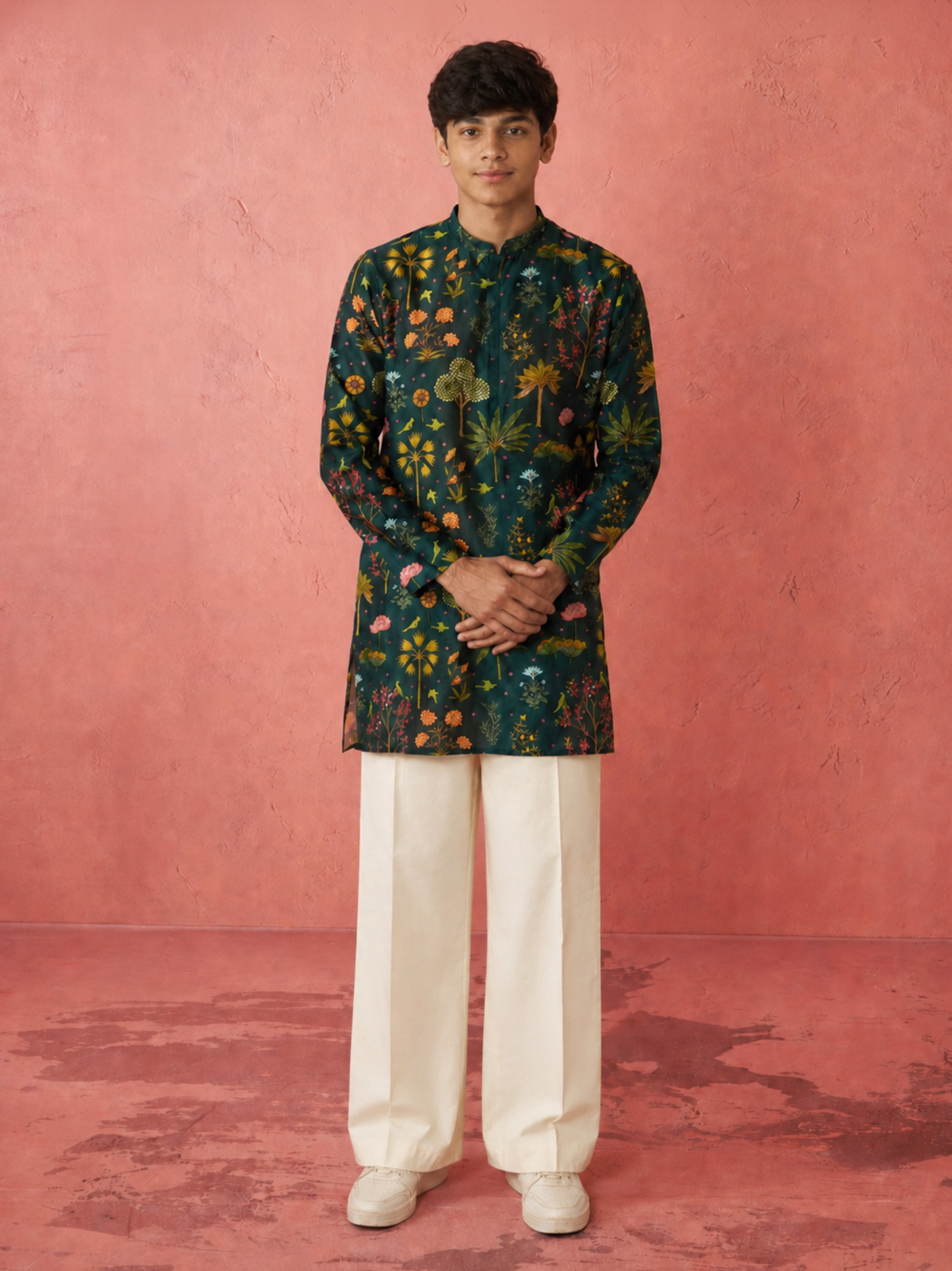 Boys Bottle Green Muslin Digital Print Kurta Flare Pant Set
