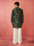 Boys Bottle Green Muslin Digital Print Kurta Flare Pant Set