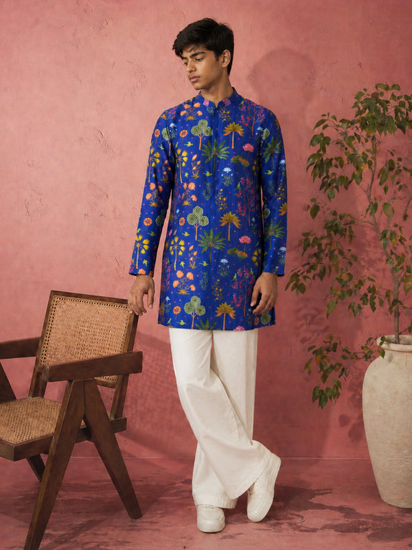 Boys Blue Muslin Digital Print Kurta Flare Pant Set