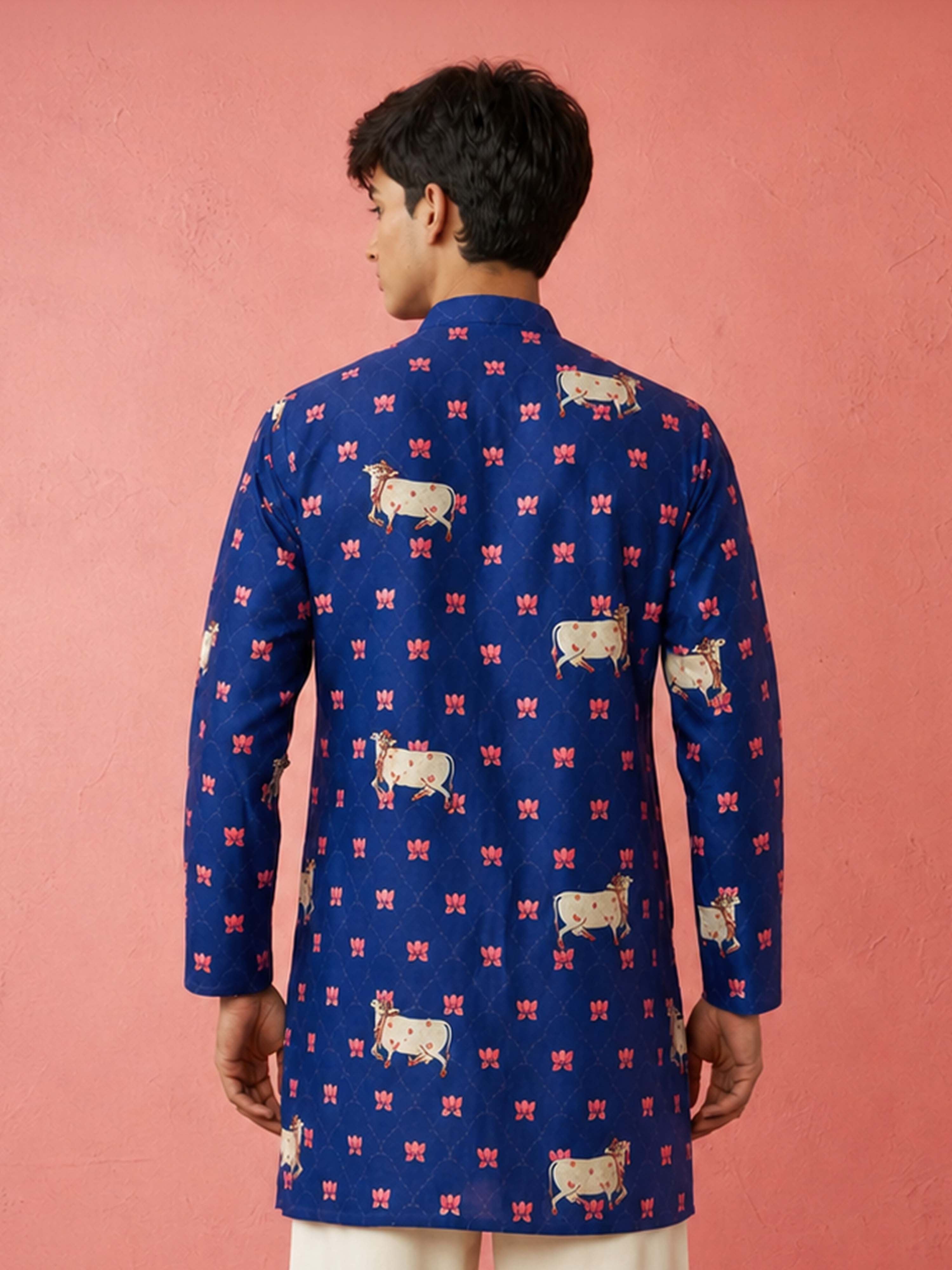 Boy's Blue Rayon Digital Print Knee Length Kurta
