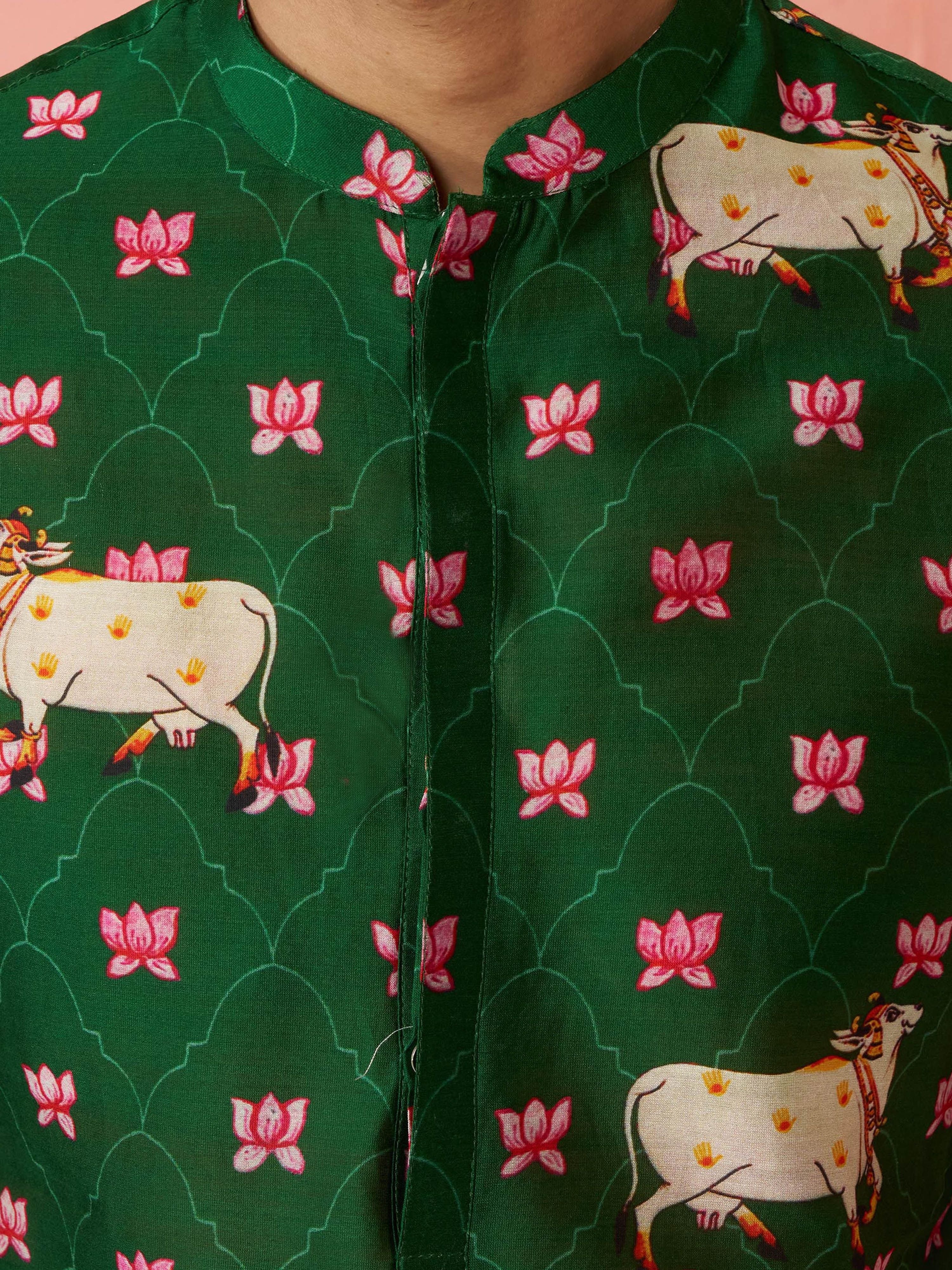 Boy's Green Rayon Digital Print Knee Length Kurta