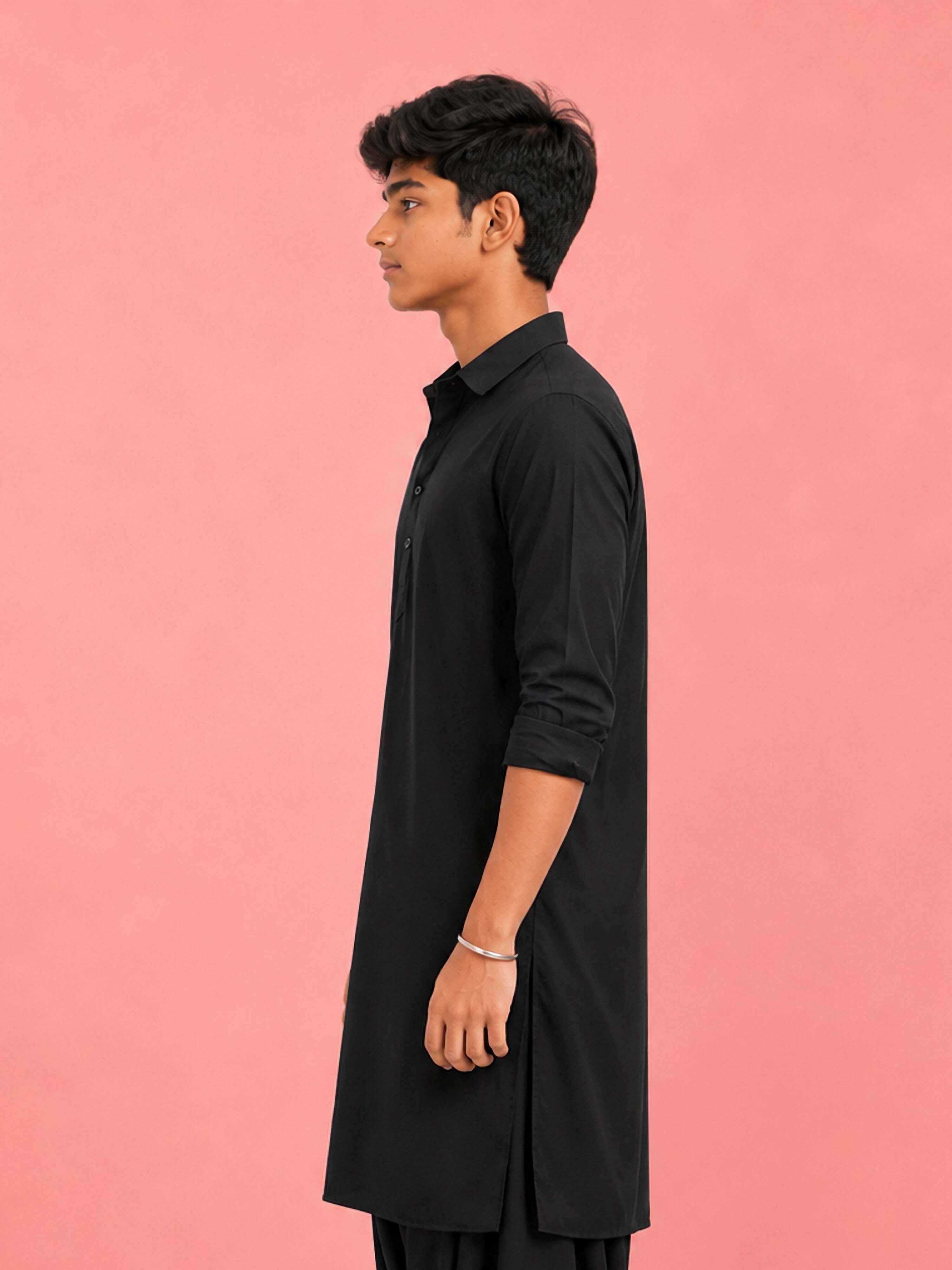 Boy's Black Fine Satin Solid Knee Length Kurta
