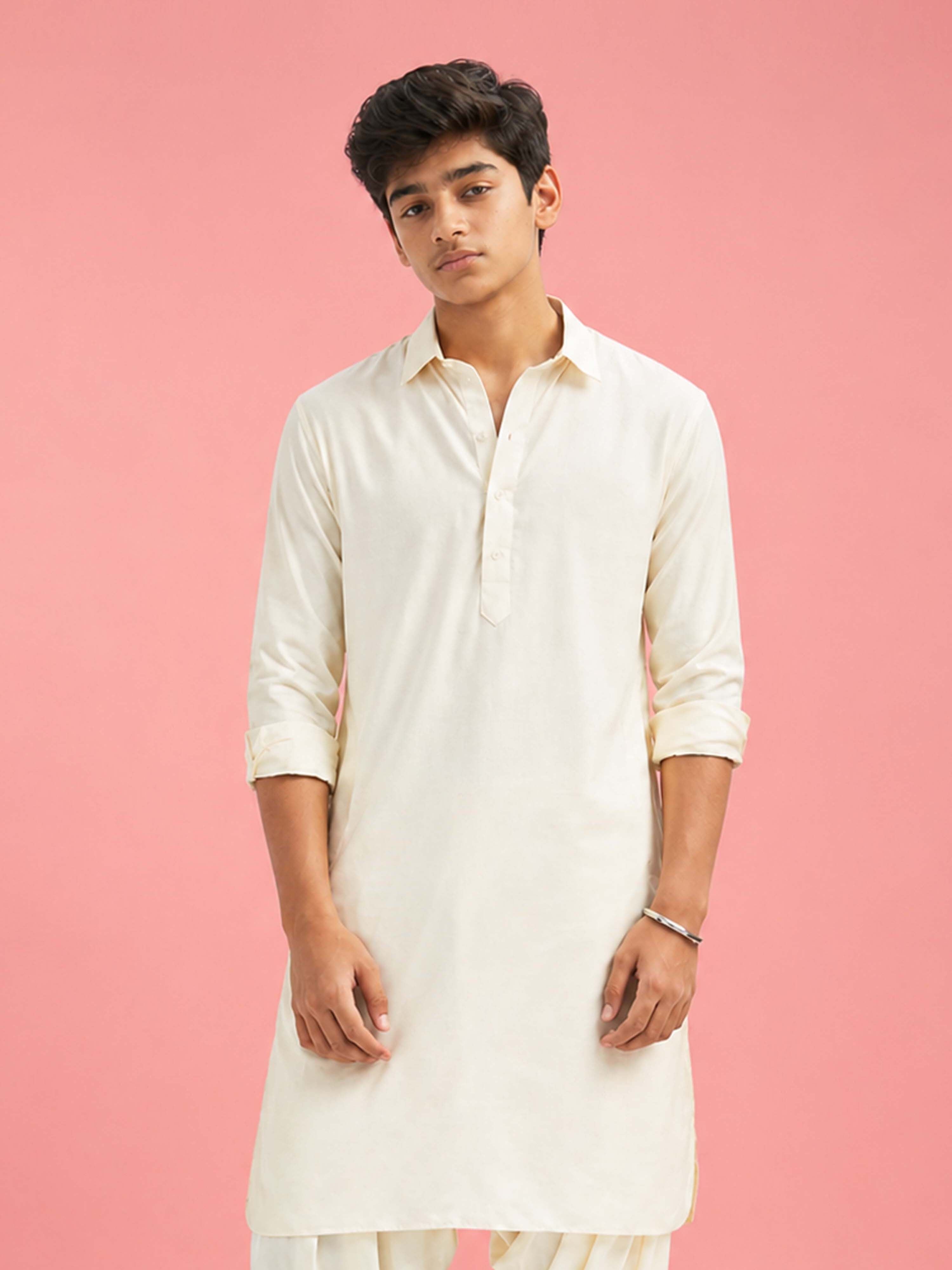 Boy Cream Fine Satin Kurta Festive, Festive Glitz, Indated Traditions, Summer / Casual, All regions Ethnic Wear